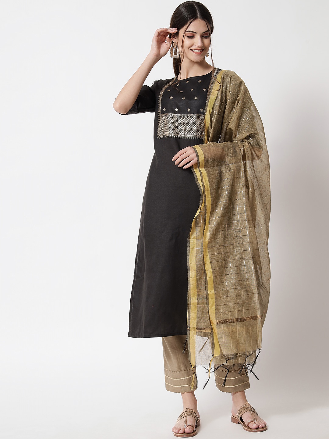 

VredeVogel Women Black Yoke Design Sequinned Kurta with Trousers & With Dupatta