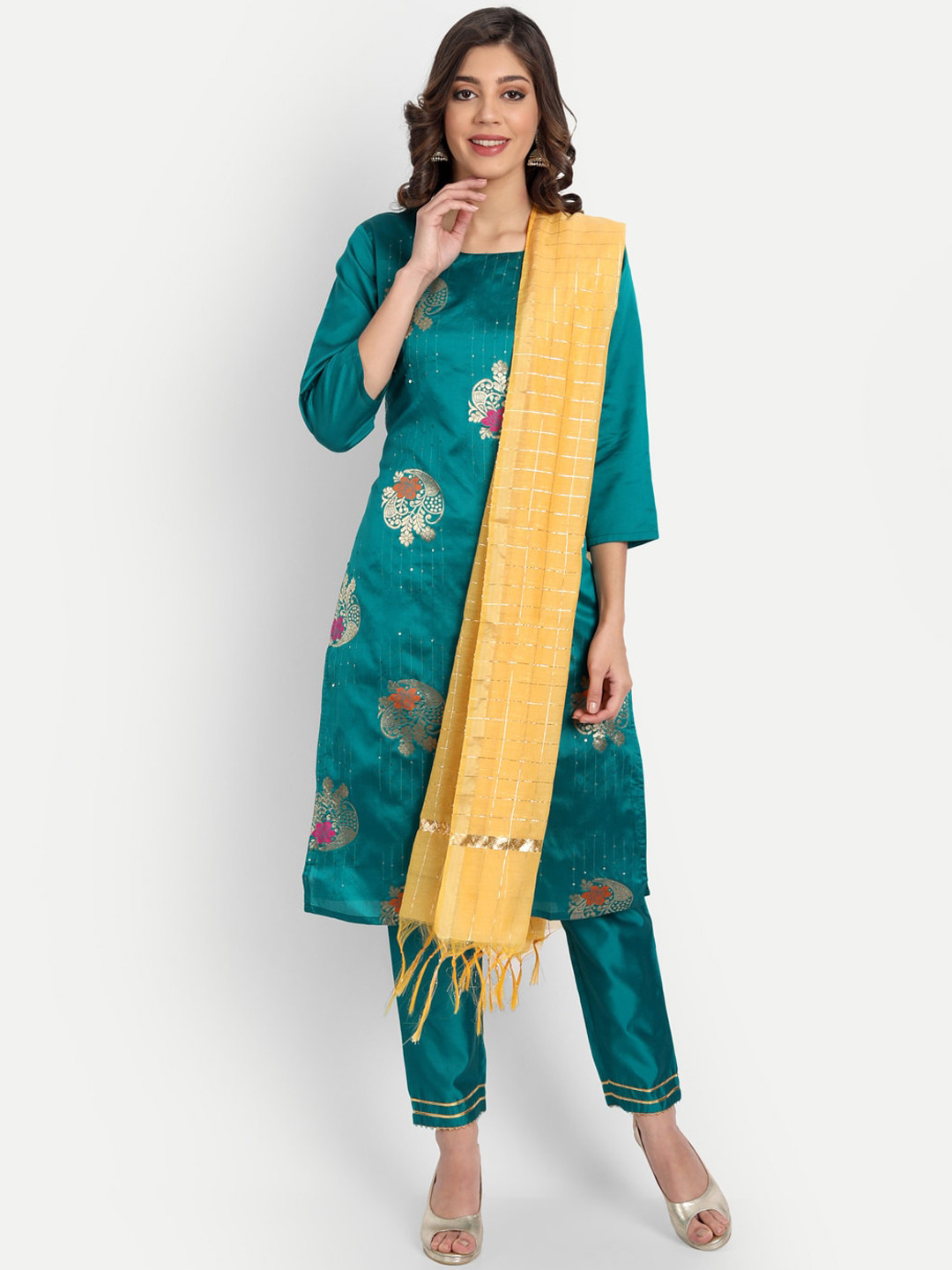 

VredeVogel Women Teal Blue Floral Kurta with Trousers & Dupatta