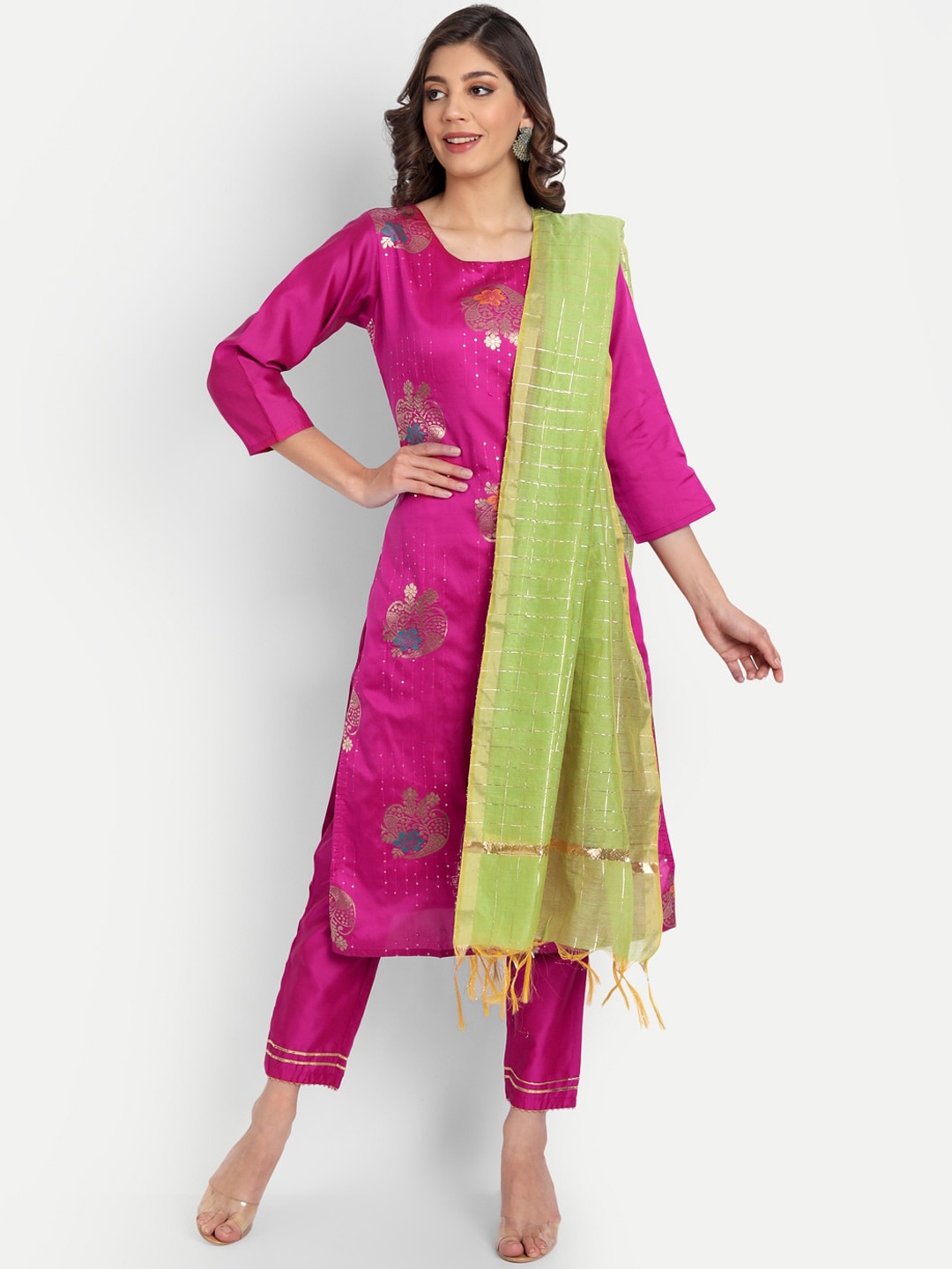 

VredeVogel Women Fuchsia Pink Floral Printed Kurta with Trousers & Dupatta