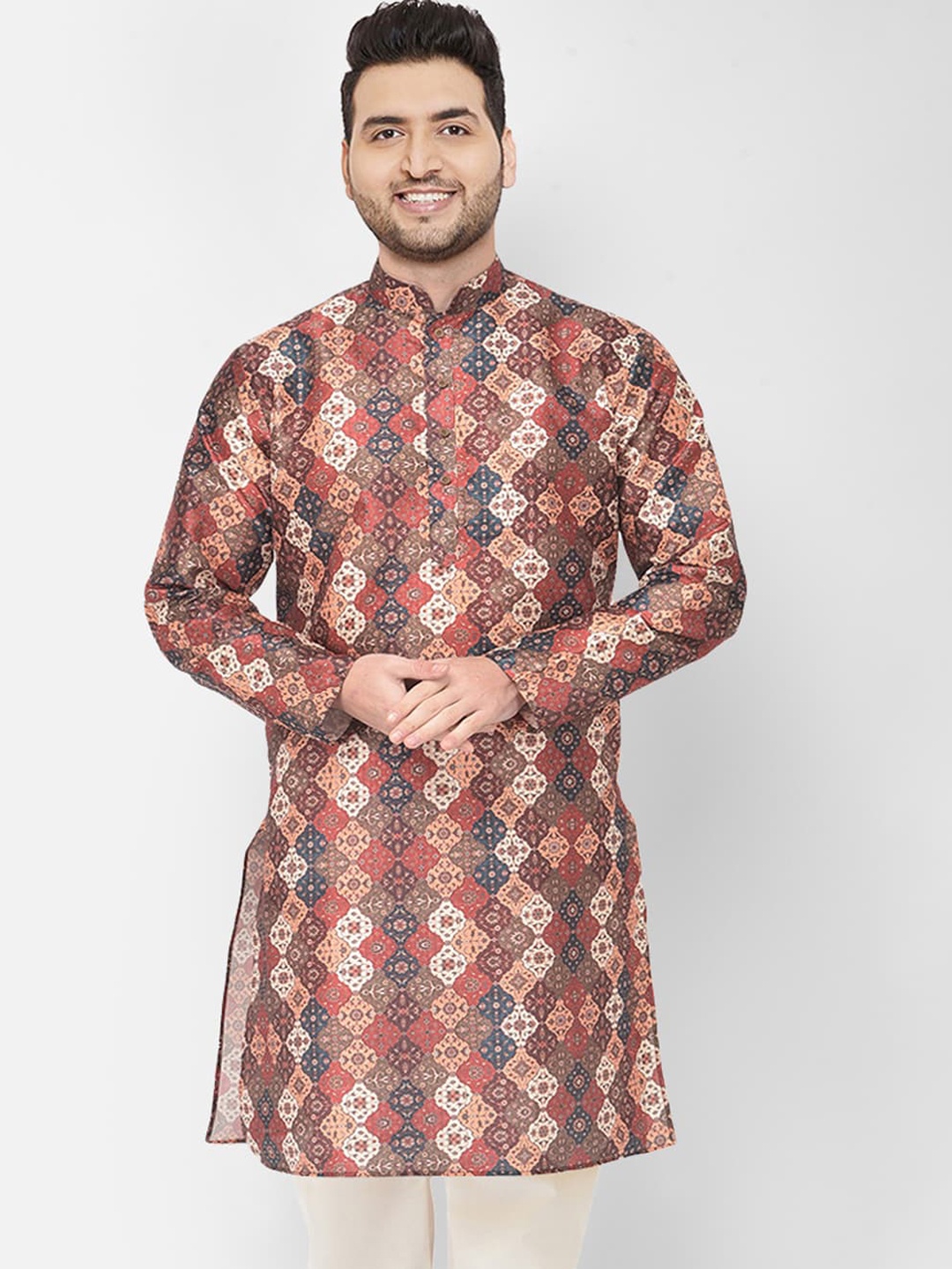 

SG LEMAN Plus Size Men Beige & Brown Floral Printed Raw Silk Kurta