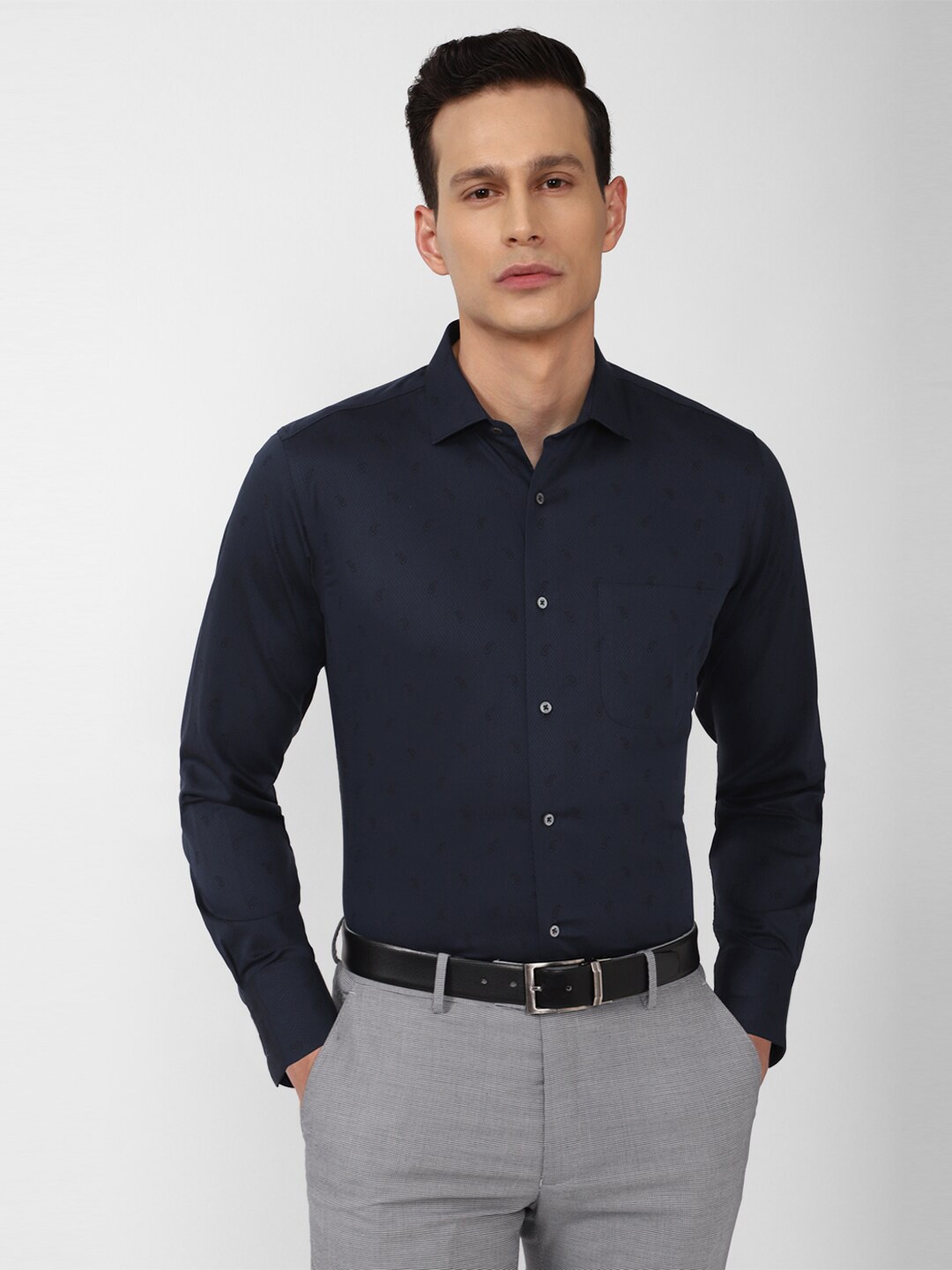 

Van Heusen Men Navy Blue Self Design Cotton Casual Shirt