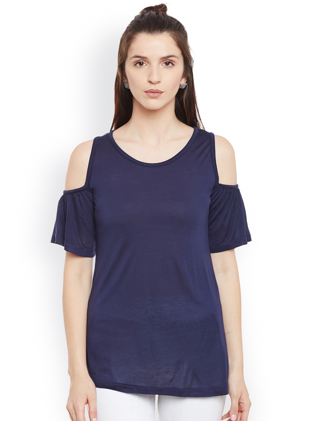 

Belle Fille Women Navy Solid Cold Shoulder Top, Navy blue