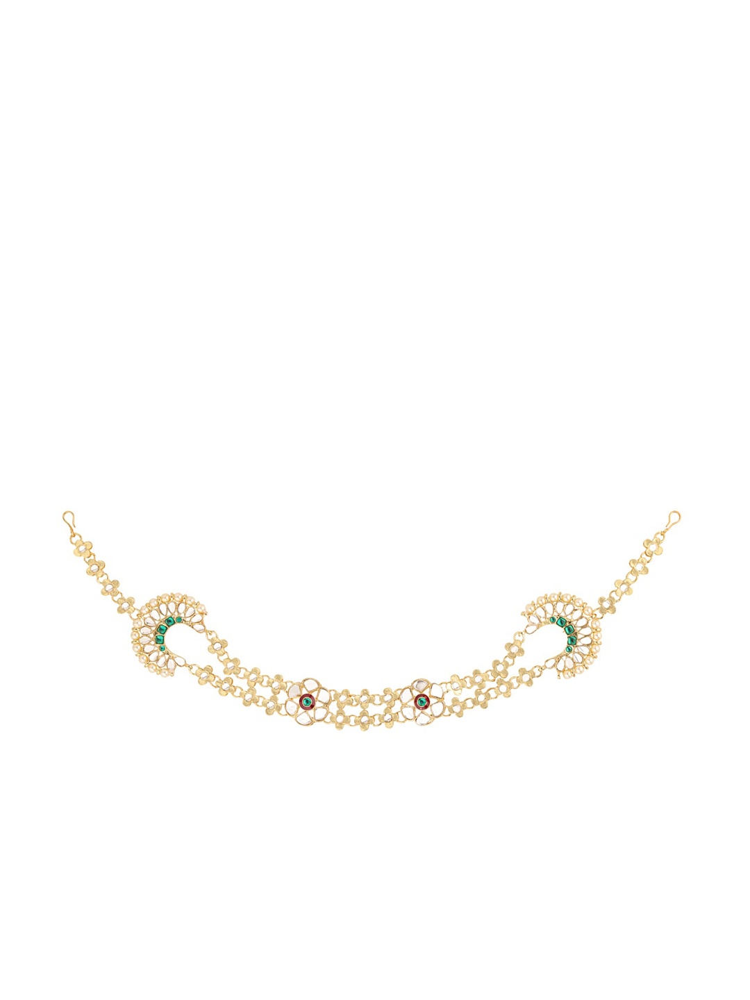 

Sanjog Gold-Plated White & Green Kundan Studded Matha Patti Sheeshphool