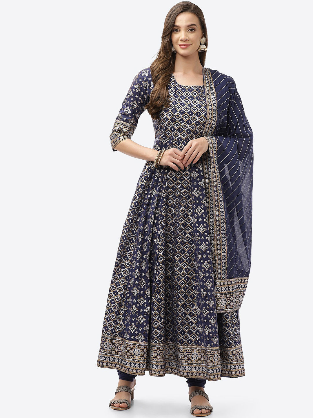 

Biba Women Navy Blue Ethnic Motifs Printed Kurta with Churidar & Dupatta