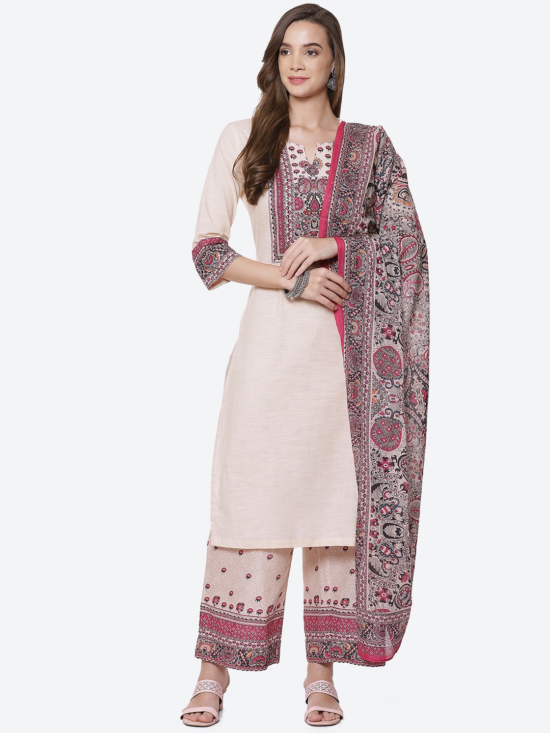 

Biba Women CreamFloral Yoke D sign Thread Work Kurta with Palazzo & With Dupatta, Cream