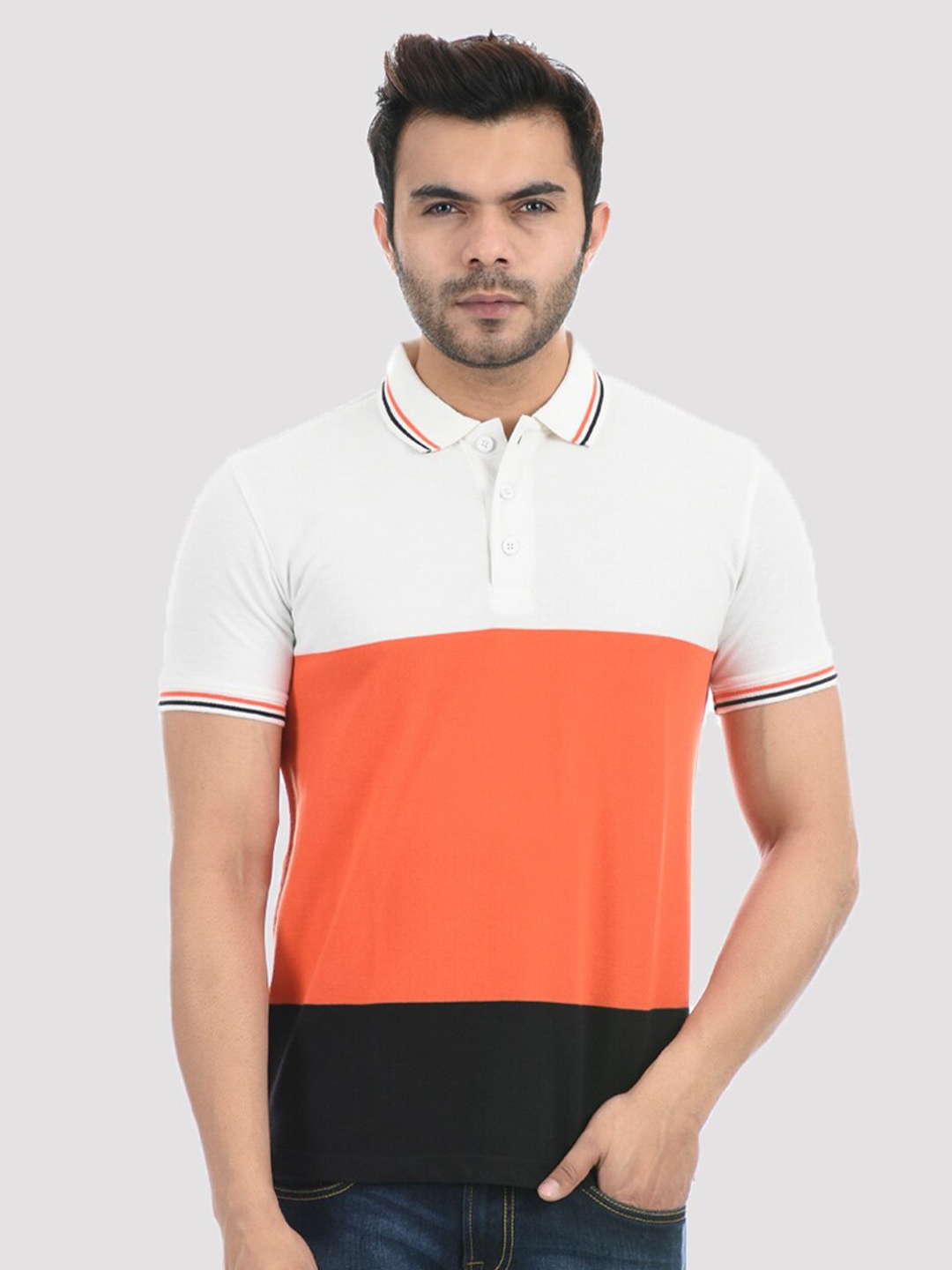 

ONEWAY Men Orange & White Colourblocked Polo Collar T-shirt