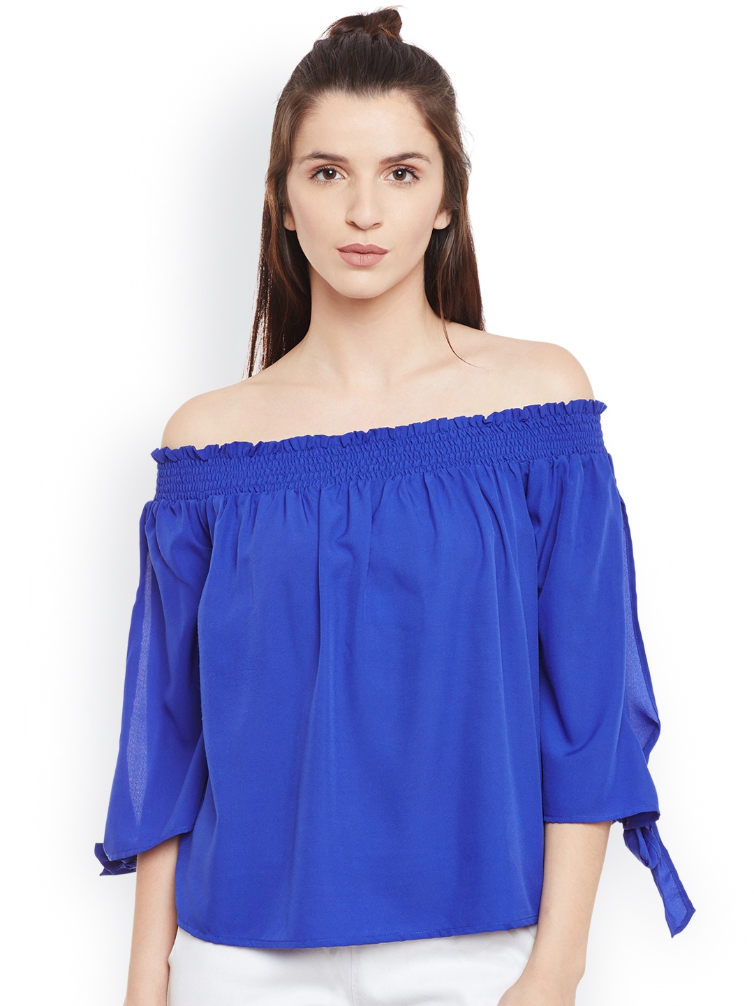 

Belle Fille Women Blue Solid Bardot Top