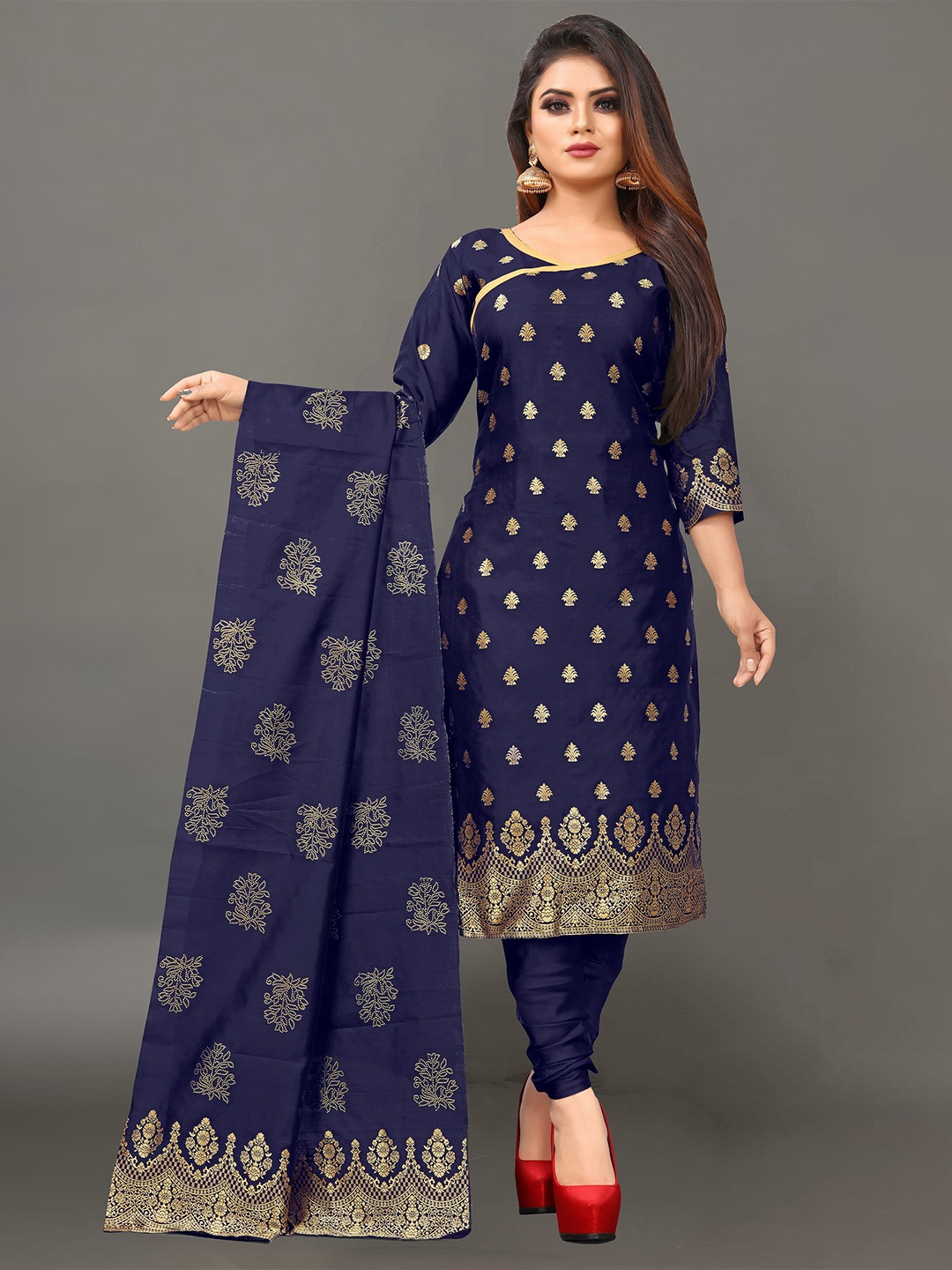 

Ekta Textiles Navy Blue & Gold-Toned Unstitched Dress Material