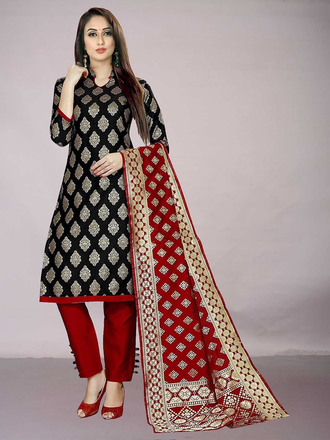

Ekta Textiles Black & Red Unstitched Dress Material