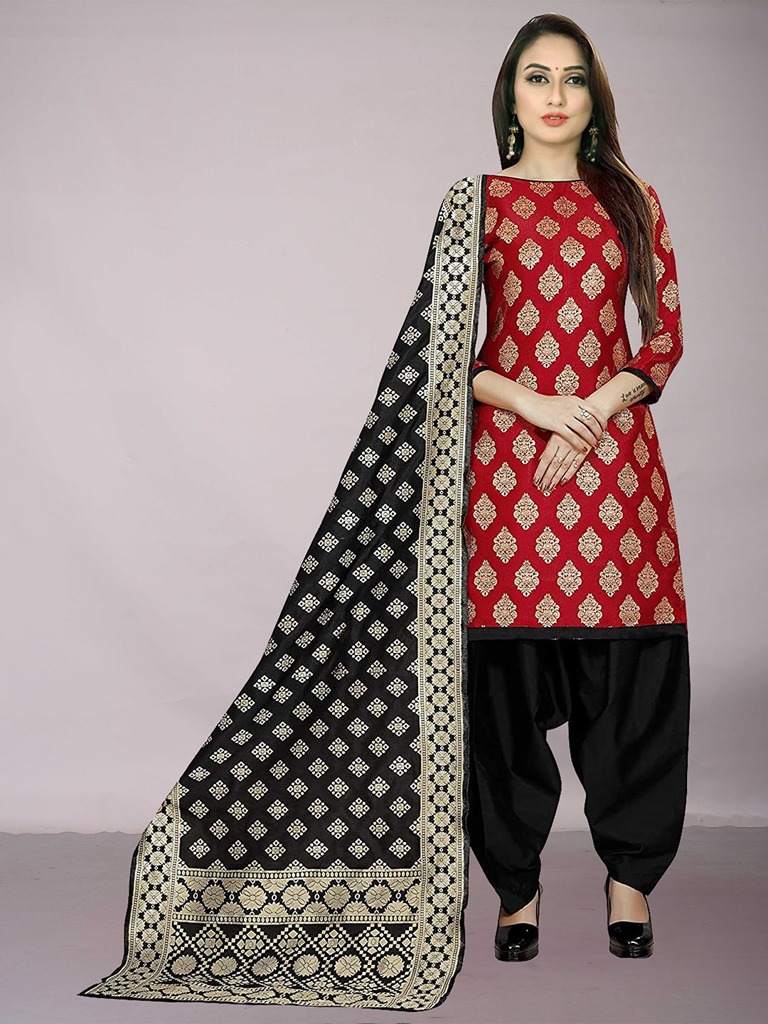 

Ekta Textiles Red & Black Unstitched Dress Material