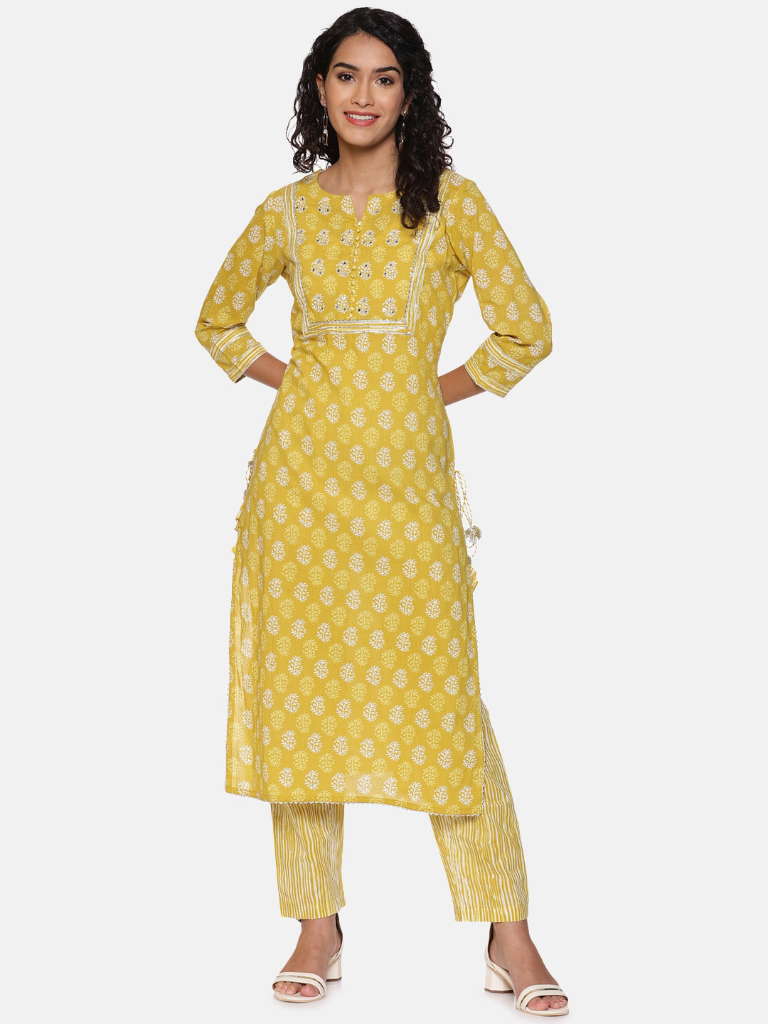 

Palakh Women Yellow Printed Gotta Patti Pure Cotton Kurti with Trousers
