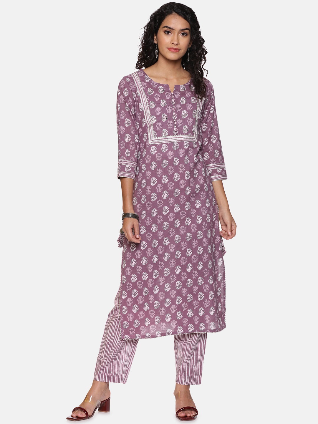 

Palakh Women Purple Ethnic Motifs Yoke Design Gotta Patti Pure Cotton Kurti with Trousers