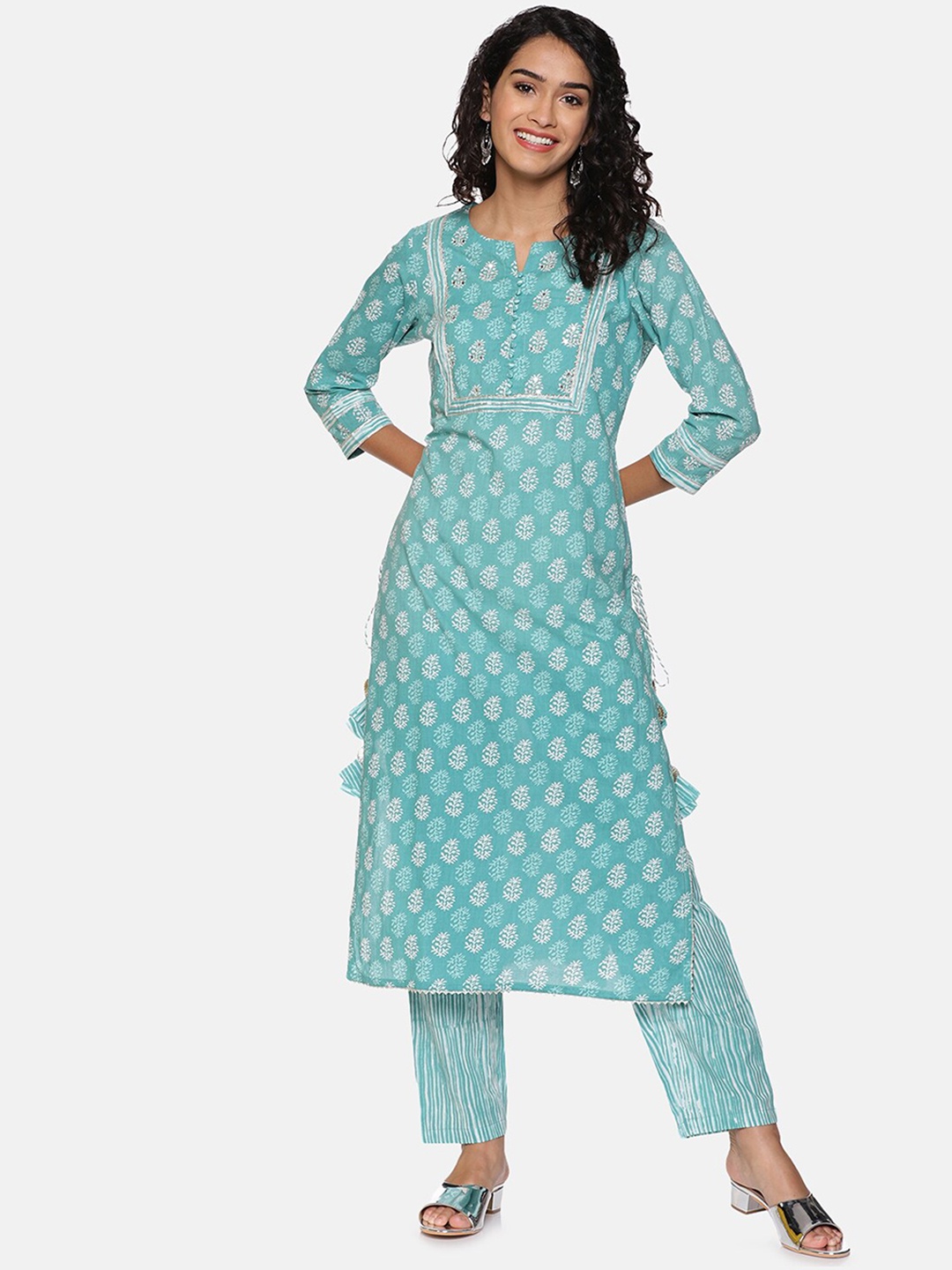 

Palakh Women Blue Ethnic Motifs Printed Gotta Patti Pure Cotton Kurta with Trousers