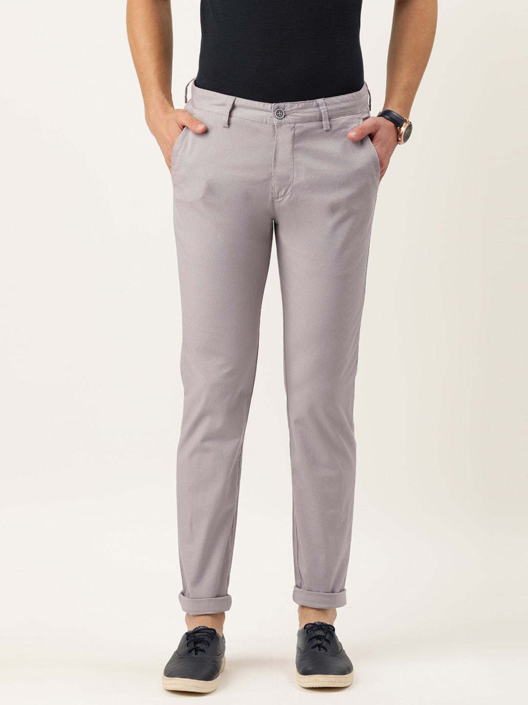

Peter England Men Grey Textured Super Slim Fit Trousers
