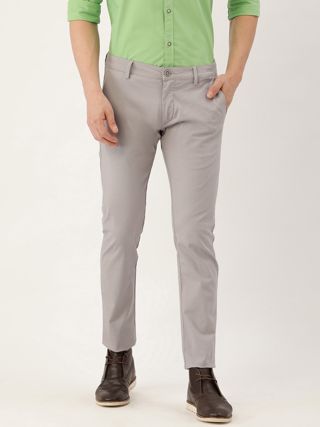

Peter England Men Textured Skinny Fit Casual Trousers, Grey