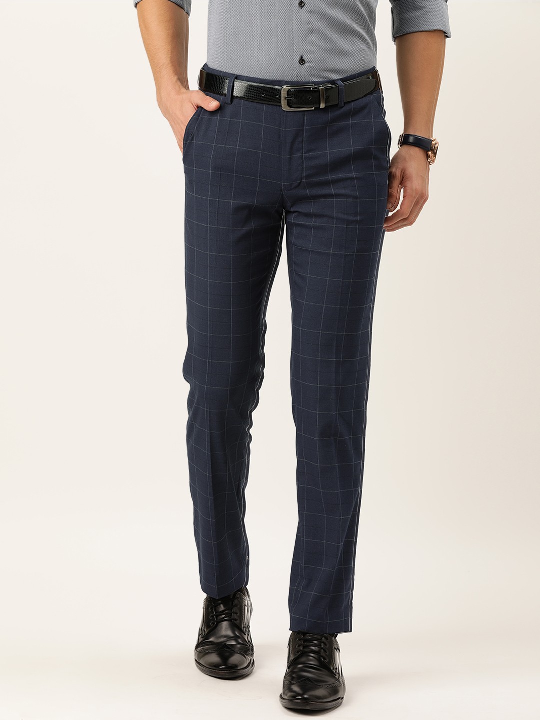 

Peter England Men Navy Blue Checked Neo Slim Fit Formal Trousers