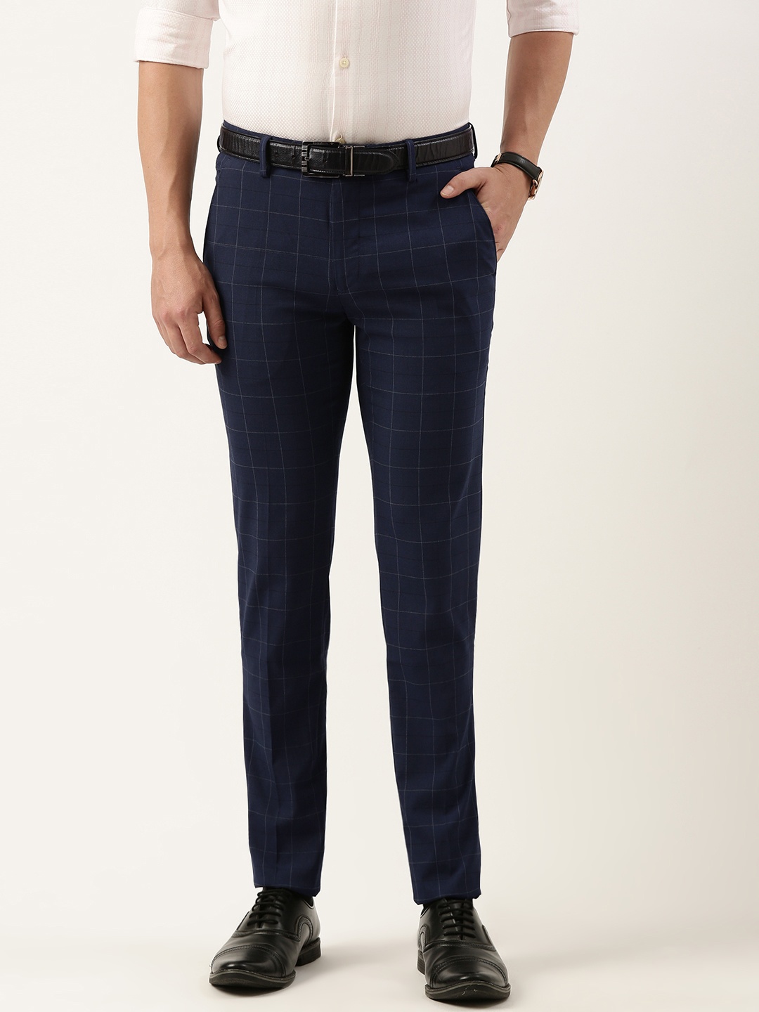 

Peter England Men Checked Slim Fit Trousers, Blue