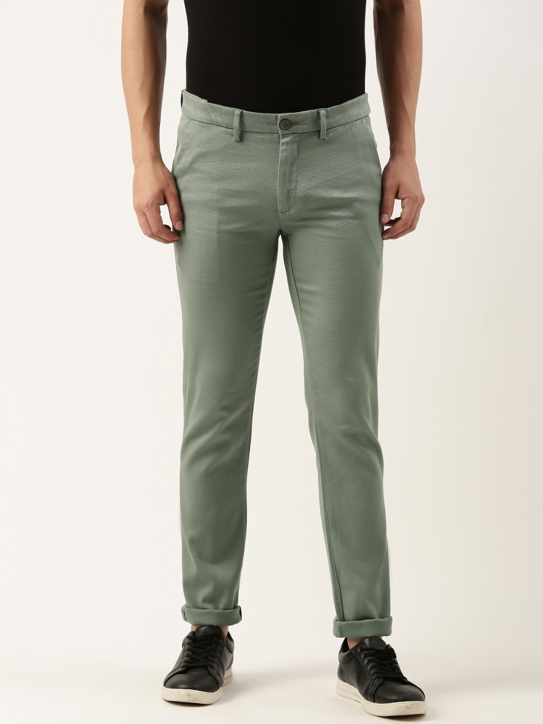

Peter England Men Textured Slim Fit Trousers, Olive