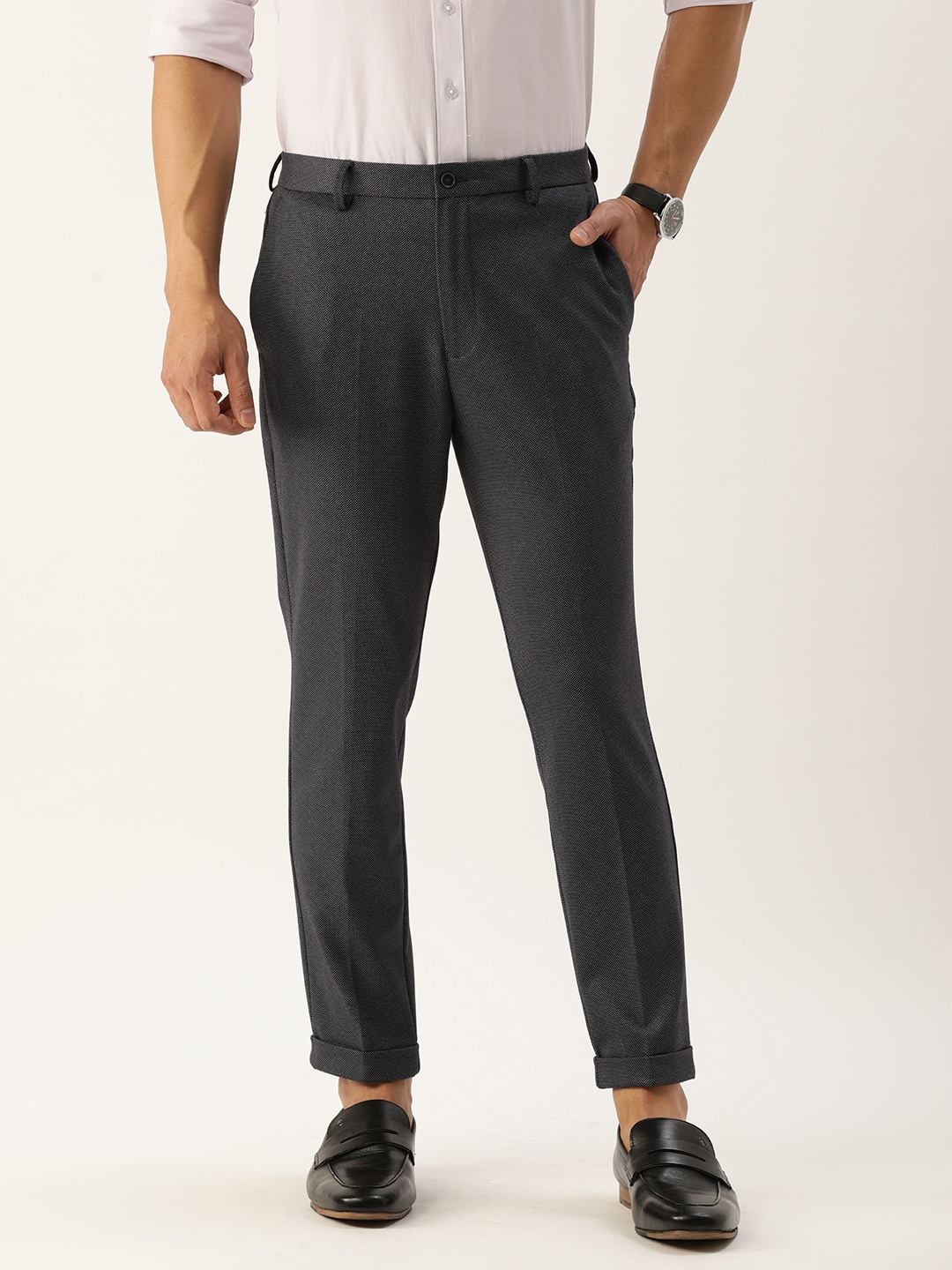 

Peter England Men Dark Grey Micro Checks Printed Slim Fit Cropped Length Trousers