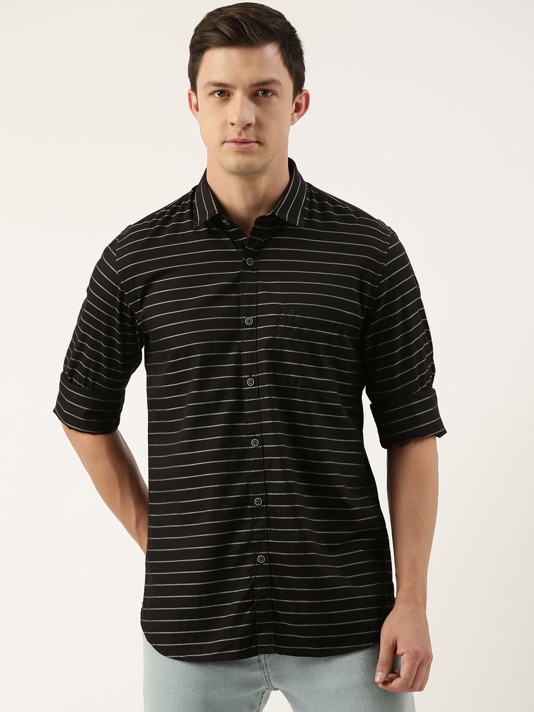 

Peter England Men Striped Slim Fit Pure Cotton Casual Shirt, Black