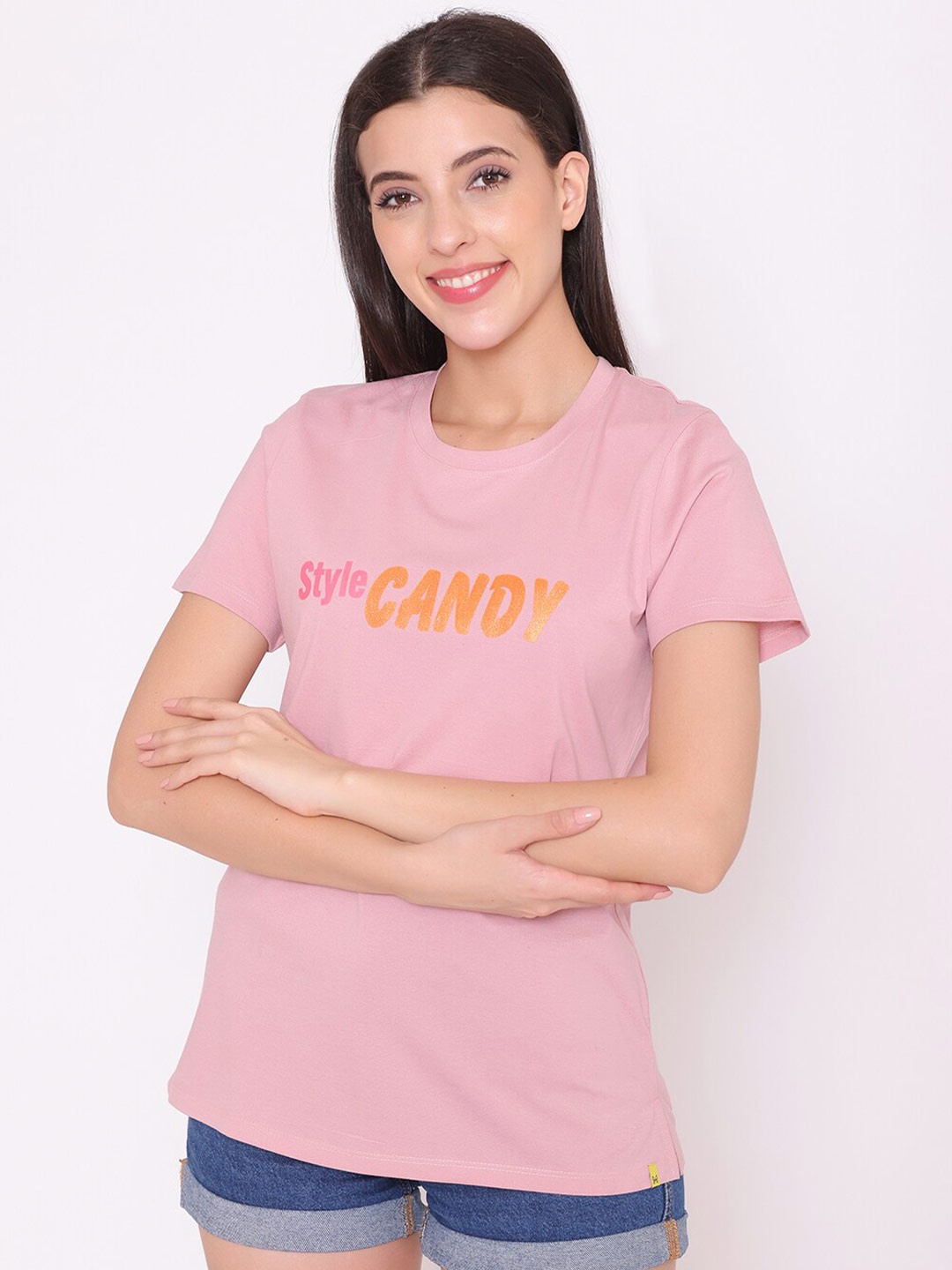 

TITTLI Women Pink & chalk pink Typography Printed Applique T-shirt
