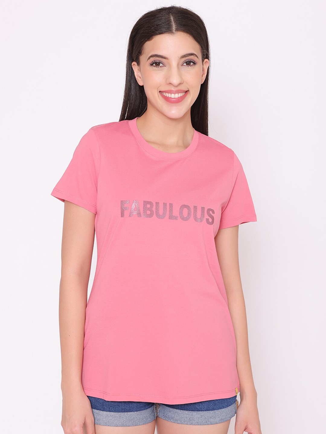 

TITTLI Women Rose & baker miller pink Typography Printed T-shirt