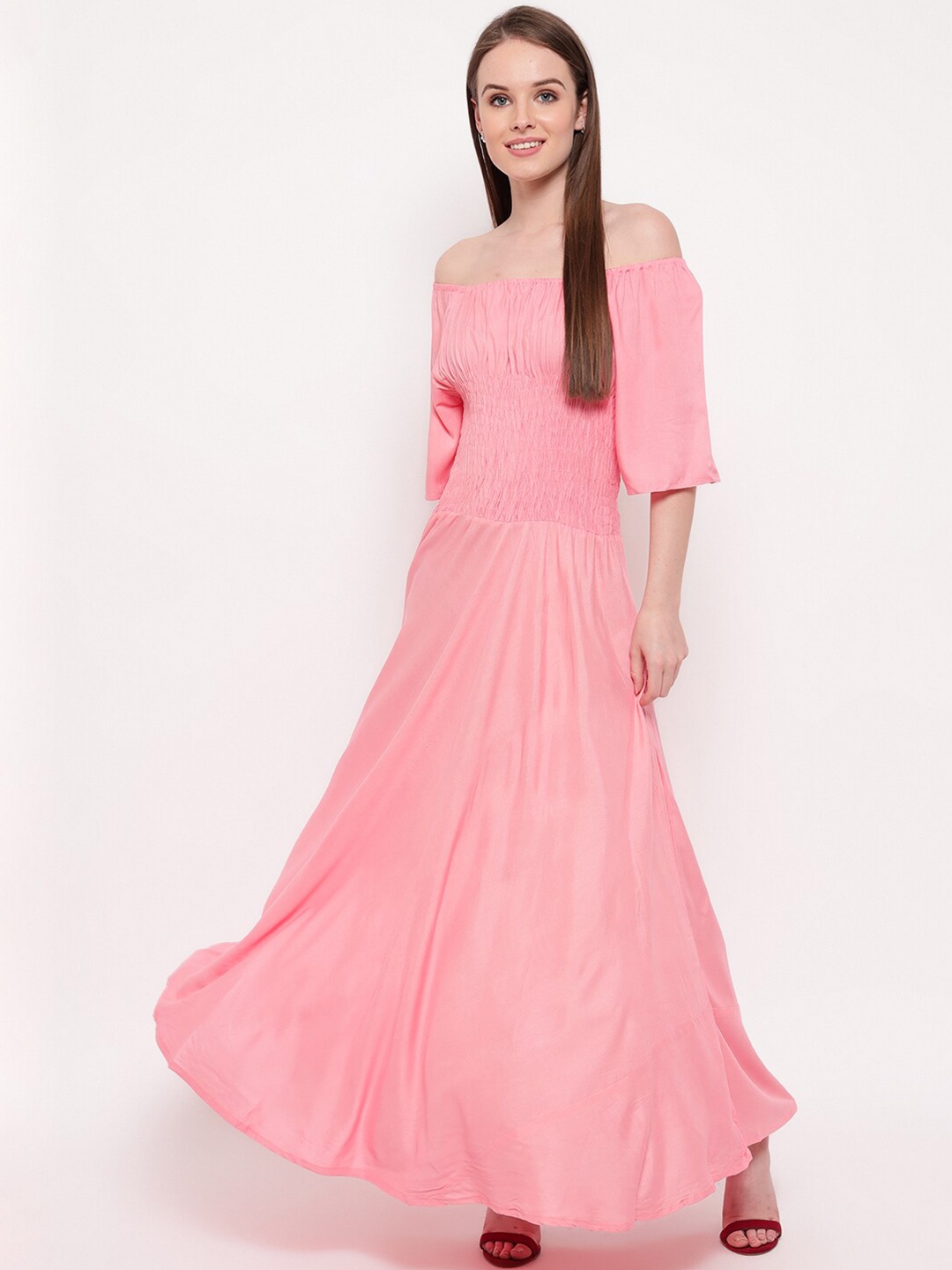 

Aawari Pink & white alyssum Off-Shoulder Maxi Dress
