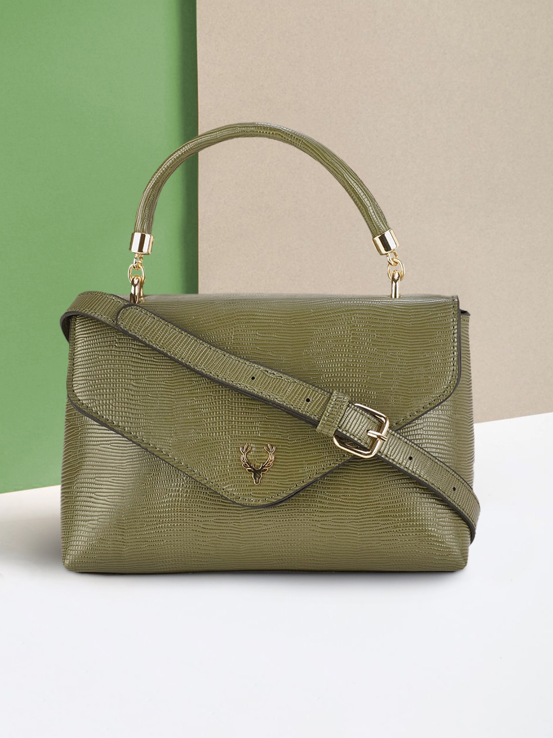 

Allen Solly Olive Green Colourblocked PU Structured Satchel