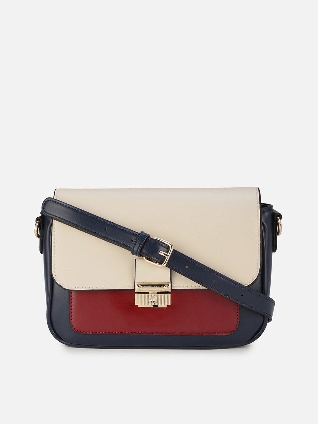 

Allen Solly Navy Blue Colourblocked PU Structured Sling Bag with Applique