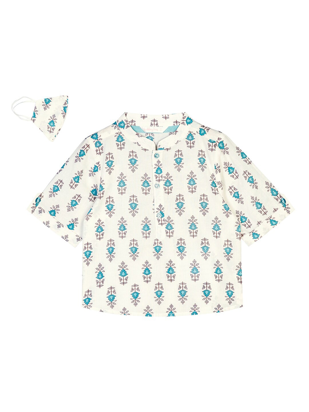 

Budding Bees Girls Off White Floral Printed Casual Shirt With Matching Mask