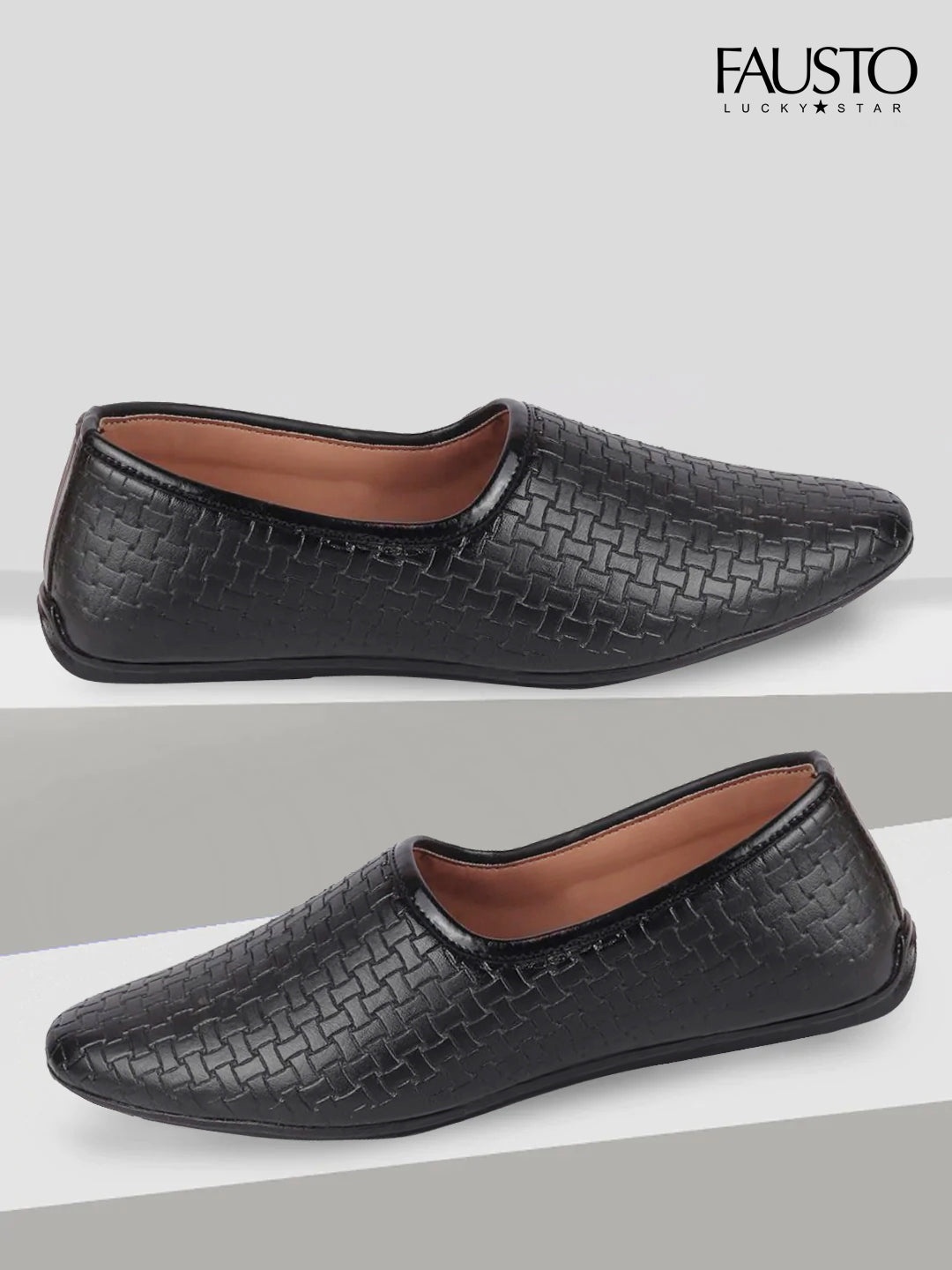 

FAUSTO Men Black Woven Design PU Mojaris