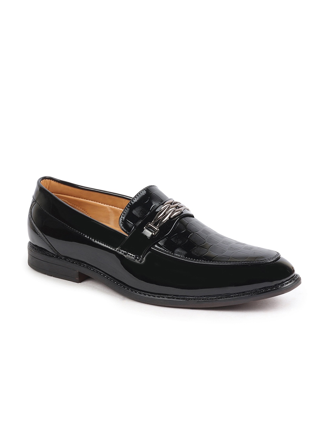 

FAUSTO Men Black Textured Patent Leather Slip-On Loafers