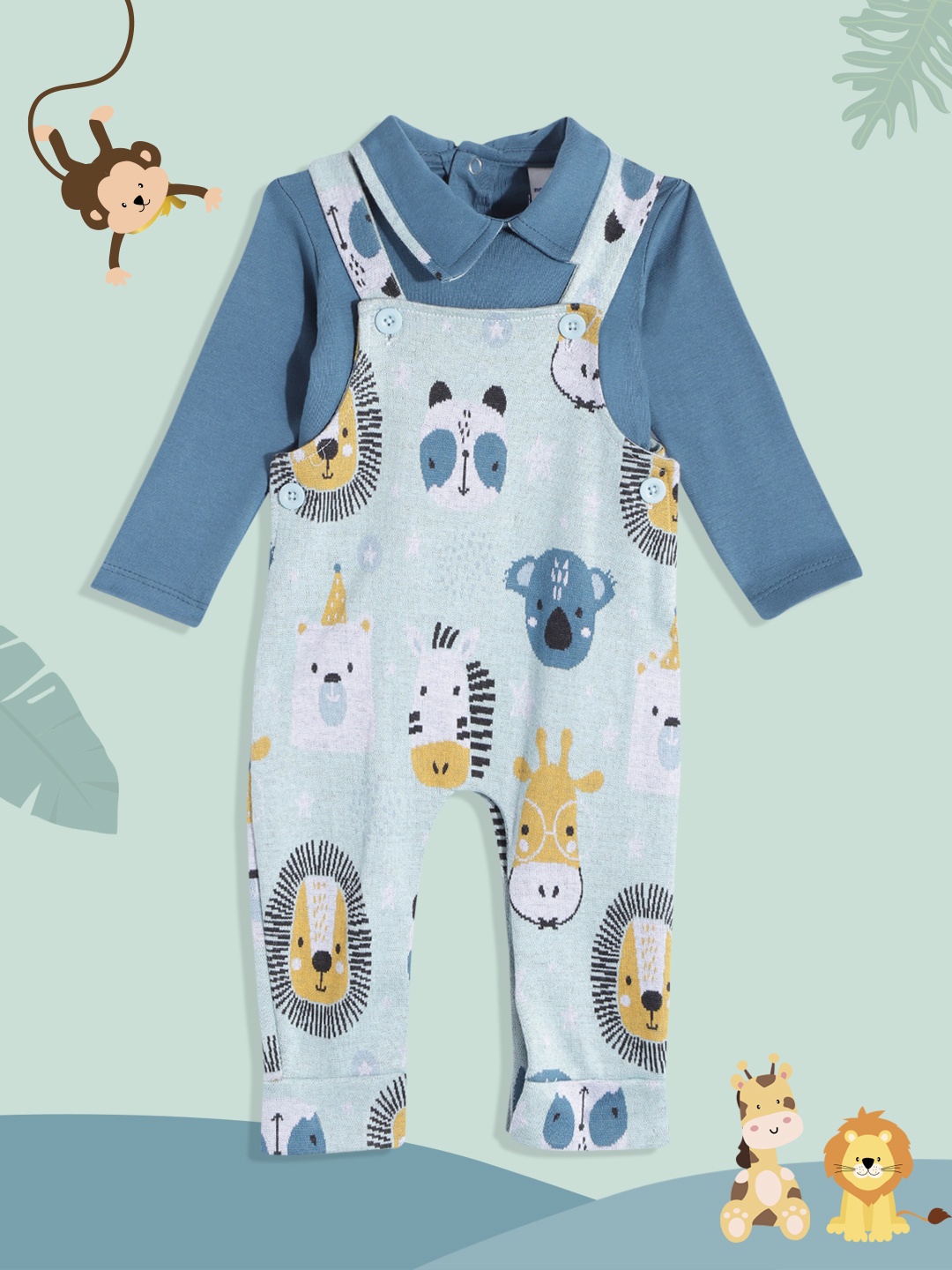 

Moms Love Infant Boys Blue & Grey Pure Cotton Conversational Print Dungaree with T-Shirt