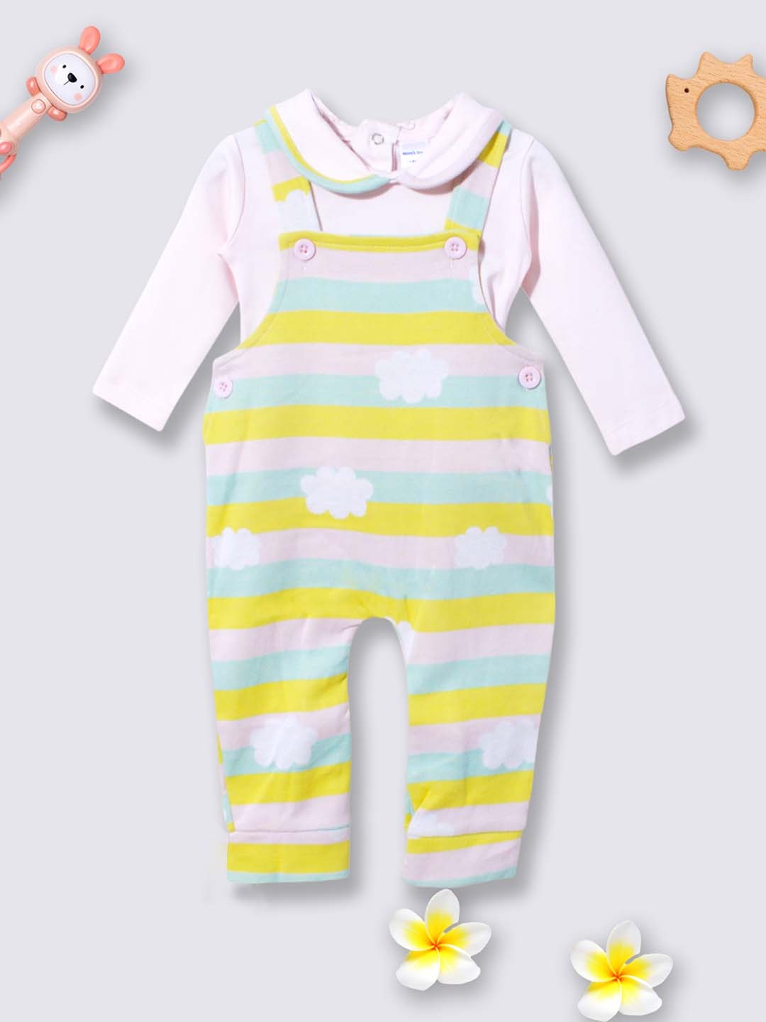 

Moms Love Infant Girls Blue & Green Striped Dungaree with T-shirt