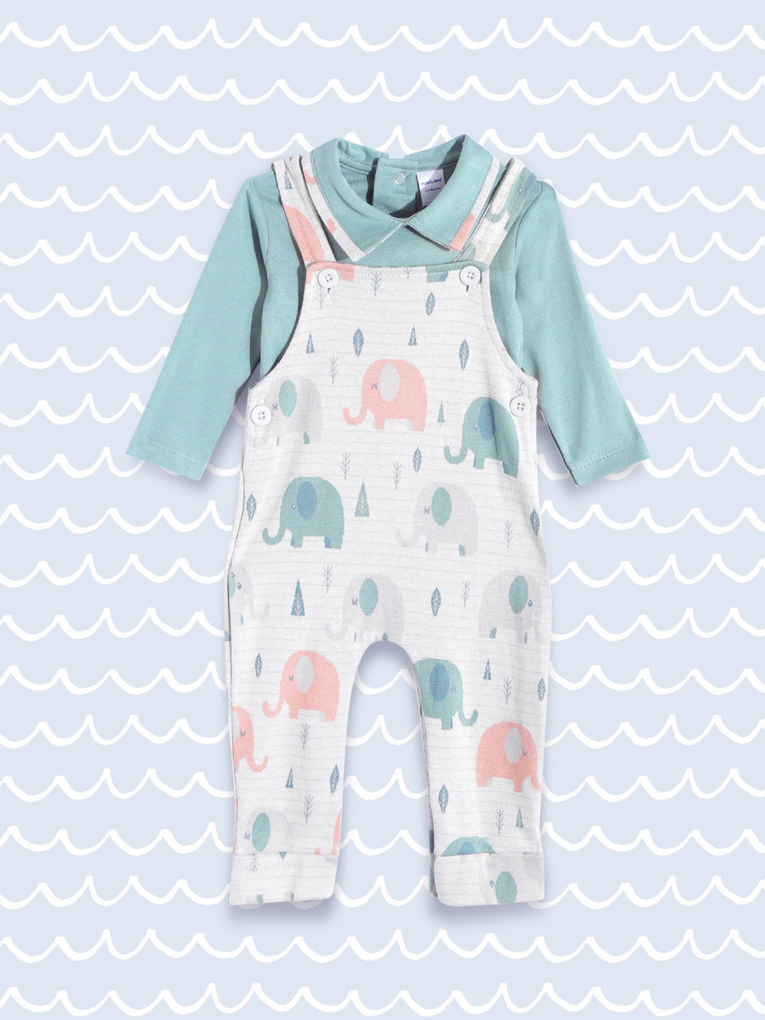 

Moms Love Infant Boys Grey & Blue Pure Cotton Conversational Print Dungaree with T-shirt