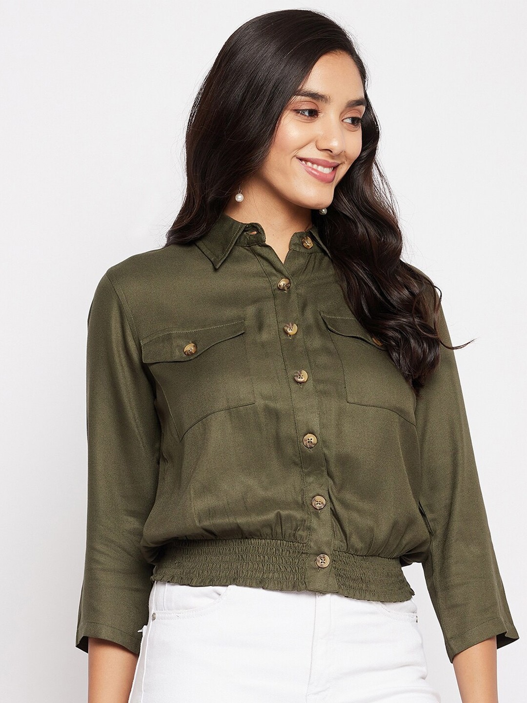 

Duke Women Olive Green Smocked Casual Shirt