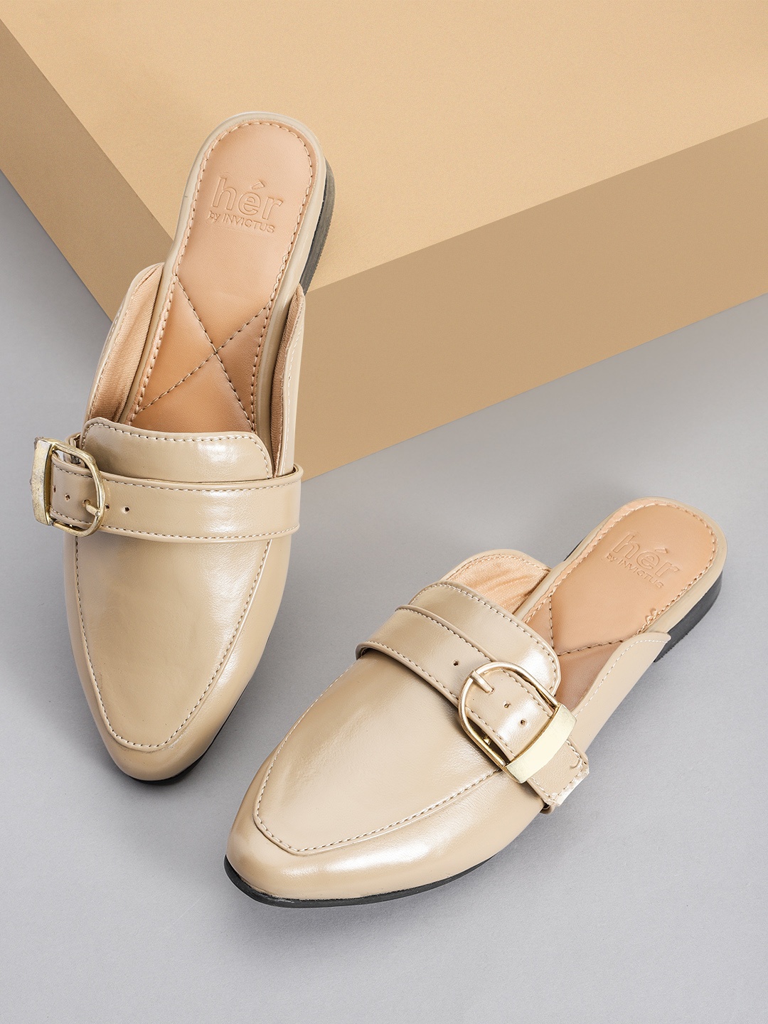 

her by invictus Women Mules with Buckle Detail, Beige