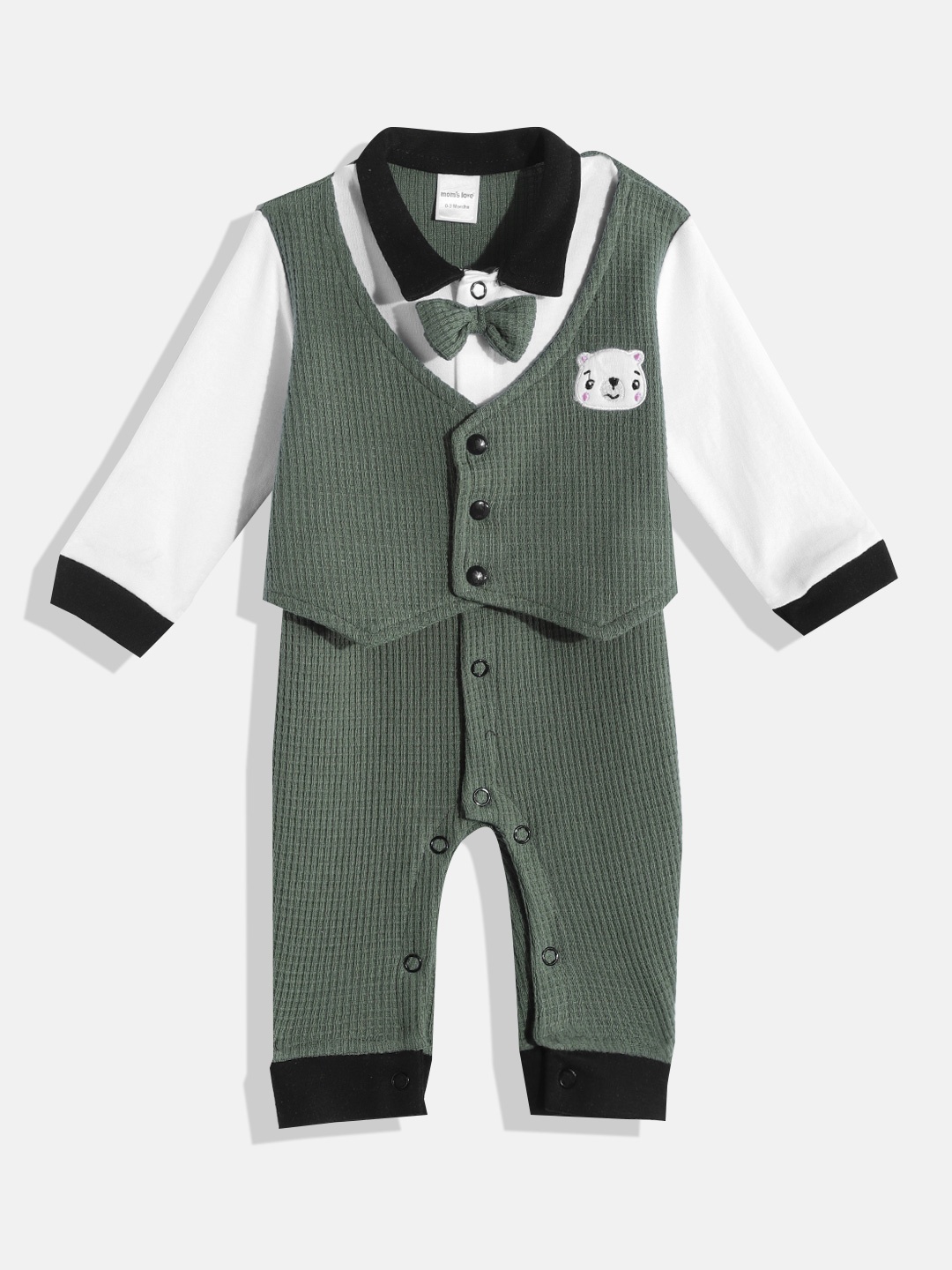 

Moms Love Infant Boys Olive Green & White Pure Cotton Rompers with Attached Waistcoat