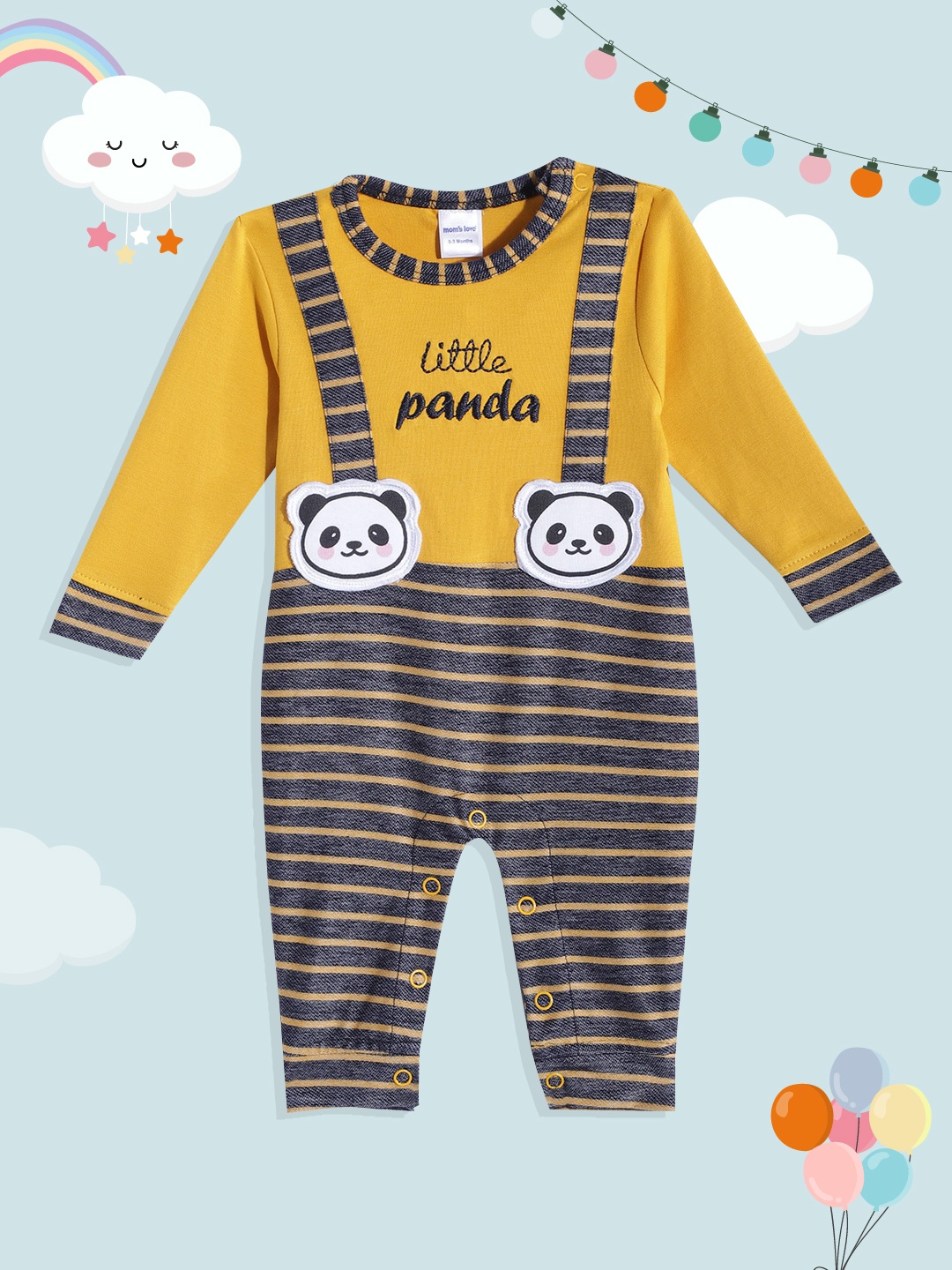 

Moms Love Yellow & Navy Blue Pure Cotton Striped Rompers with Attached Suspenders
