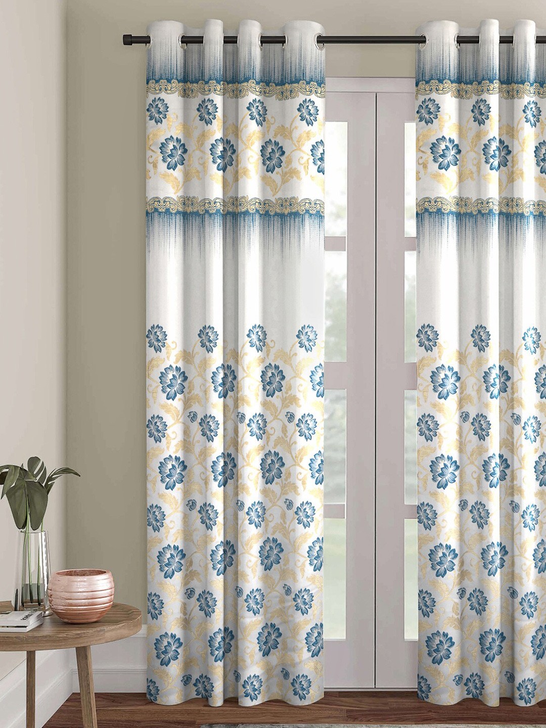 

ROMEE White & Blue Set of 2 Floral Room Darkening Door Curtain