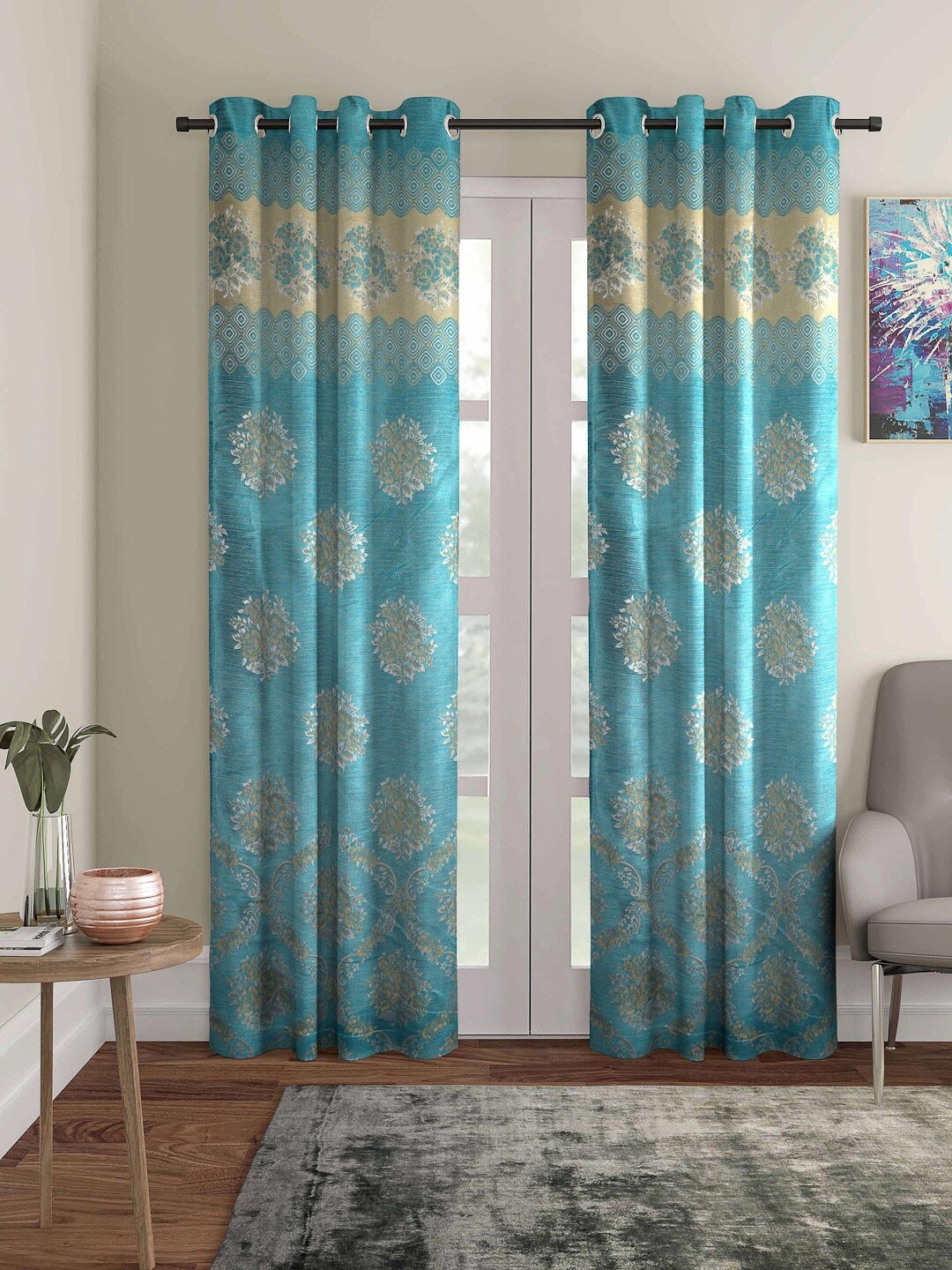 

ROMEE Turquoise Blue & Beige Set of 2 Floral Room Darkening Door Curtain