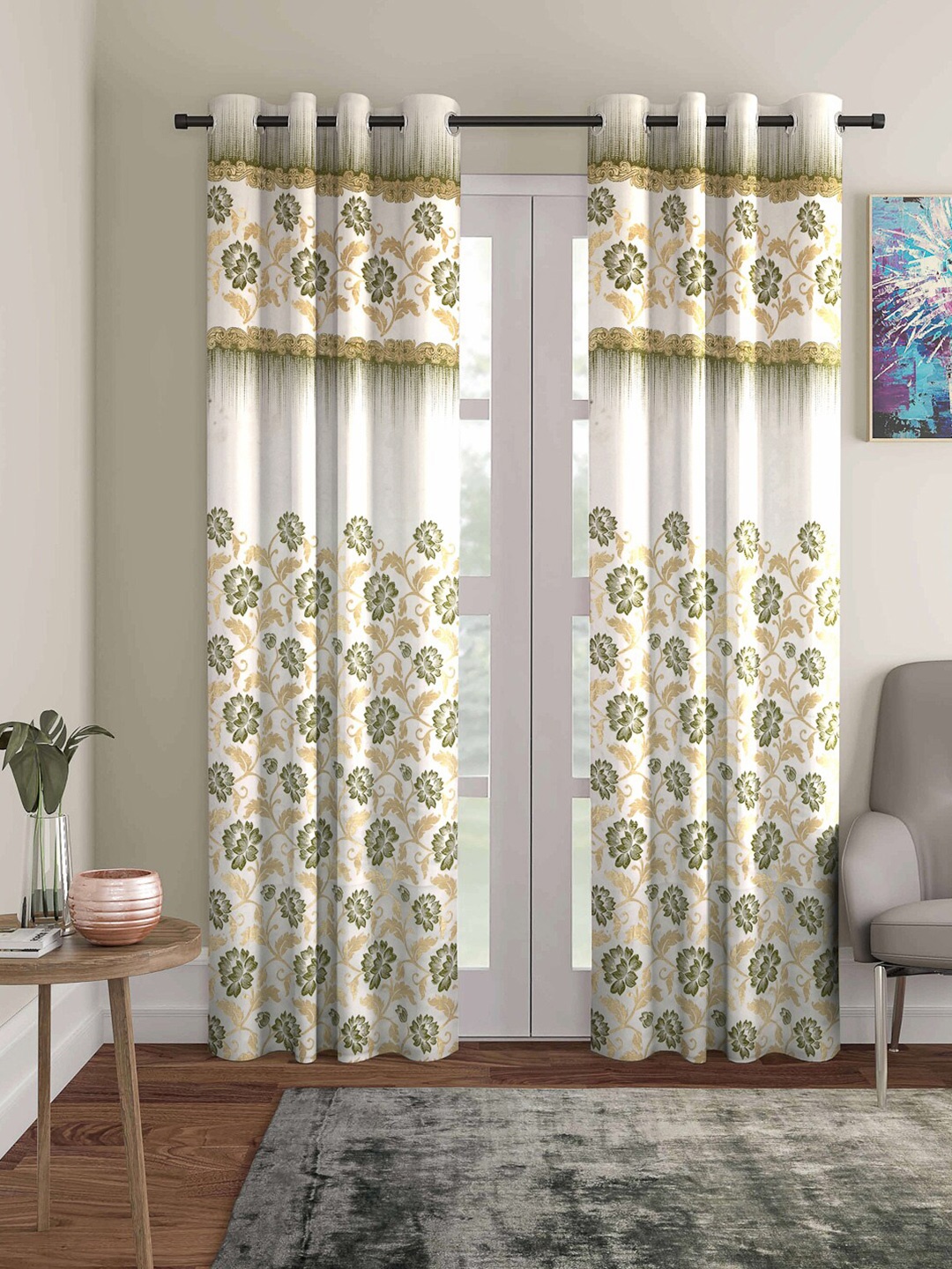 

ROMEE White & Green Set of 2 Floral Room Darkening Door Curtain