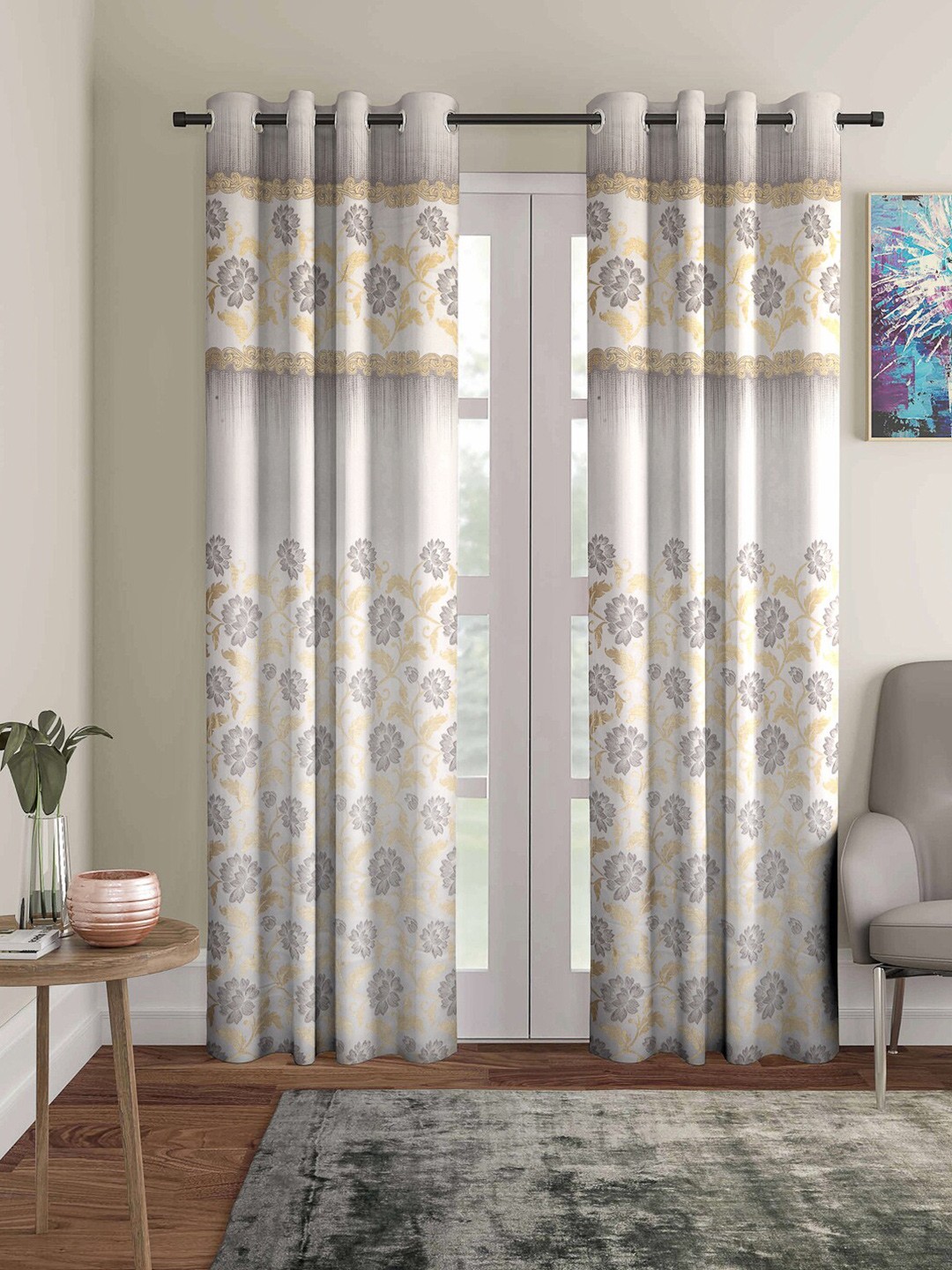 

ROMEE White & Grey Set of 2 Floral Room Darkening Door Curtain
