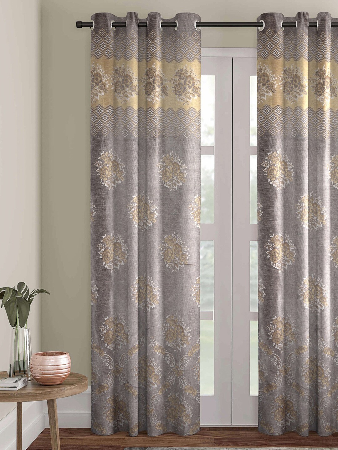 

ROMEE Silver-Toned & Beige Floral Printed Jacquard Room Darkening Door Curtain