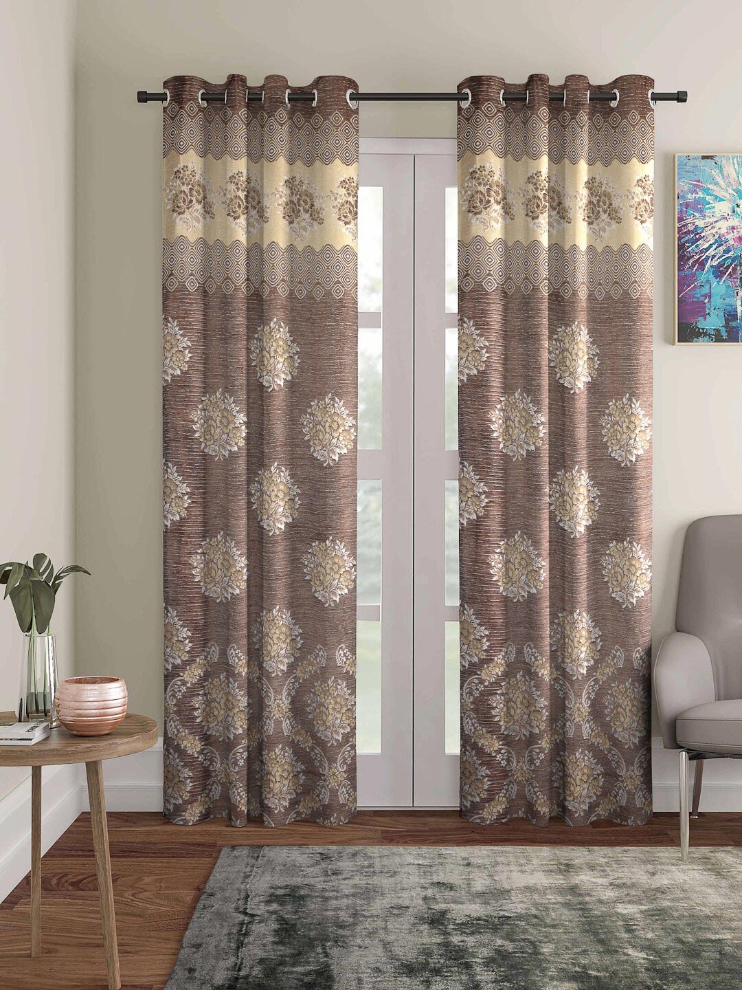 

ROMEE Brown & White Set of 2 Floral Room Darkening Door Curtain
