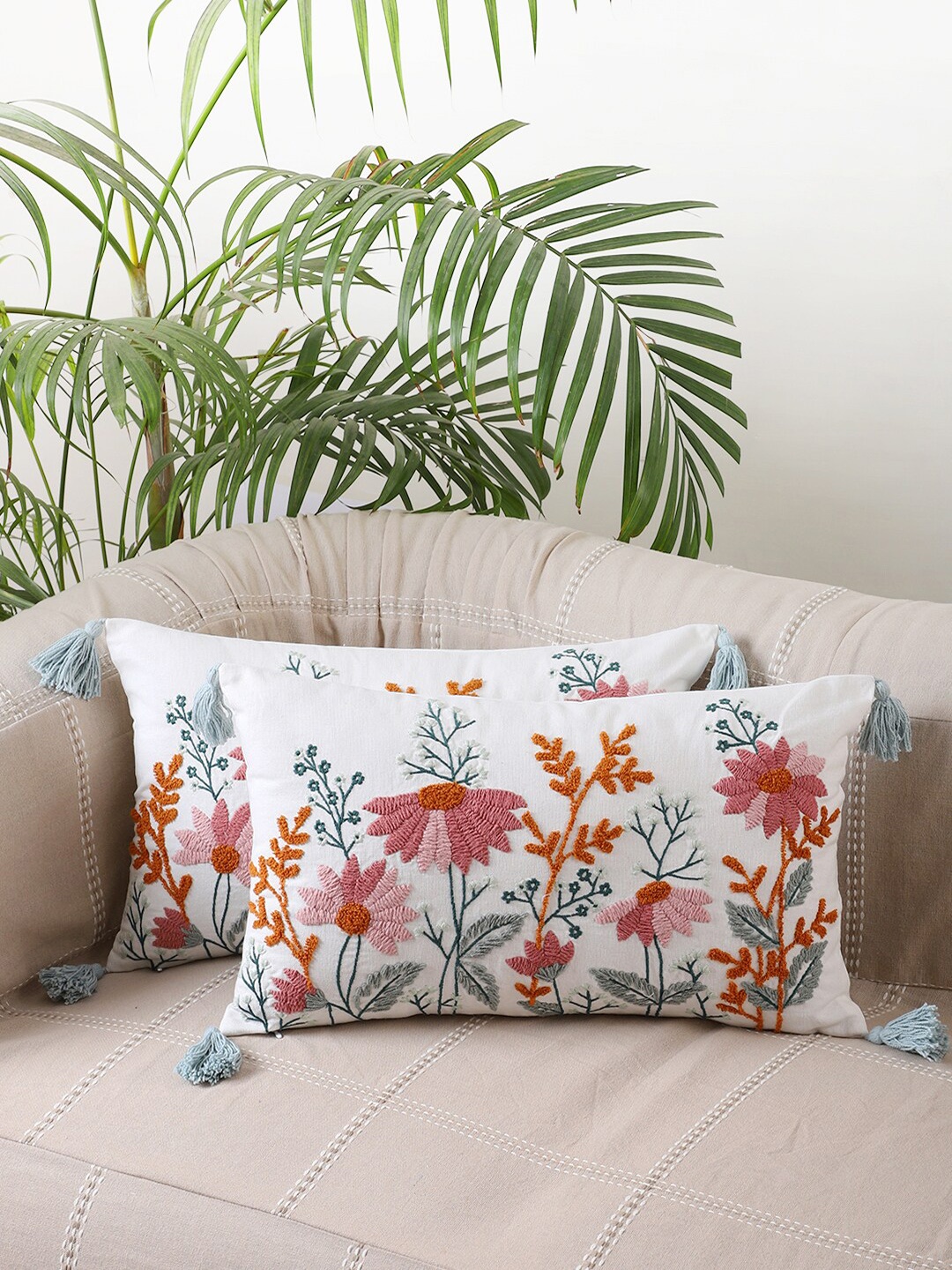 

Jamio Firati White & Red Embroidered Rectangle Cushion Covers