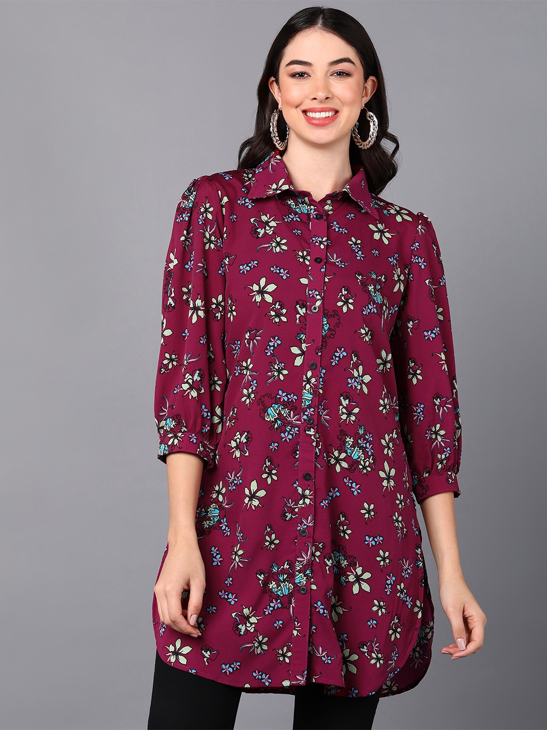 

Fashfun Pink Shirt Collar Printed Tunic