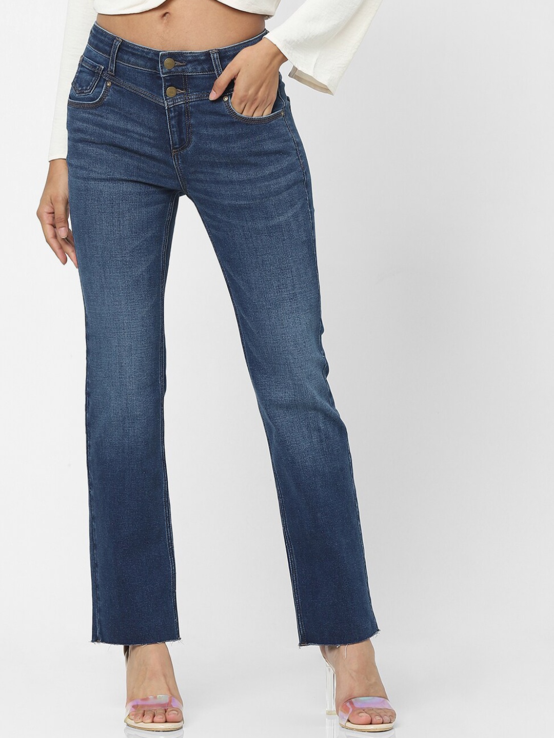 

ONLY Women Blue Straight Fit High-Rise Low Distress Light Fade Jeans