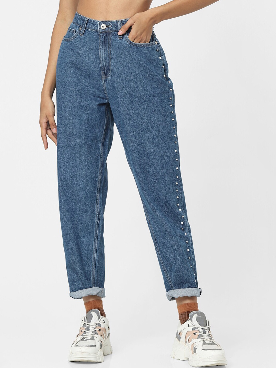 

ONLY Women Blue Relaxed Fit High-Rise Mildly Distressed Jeans