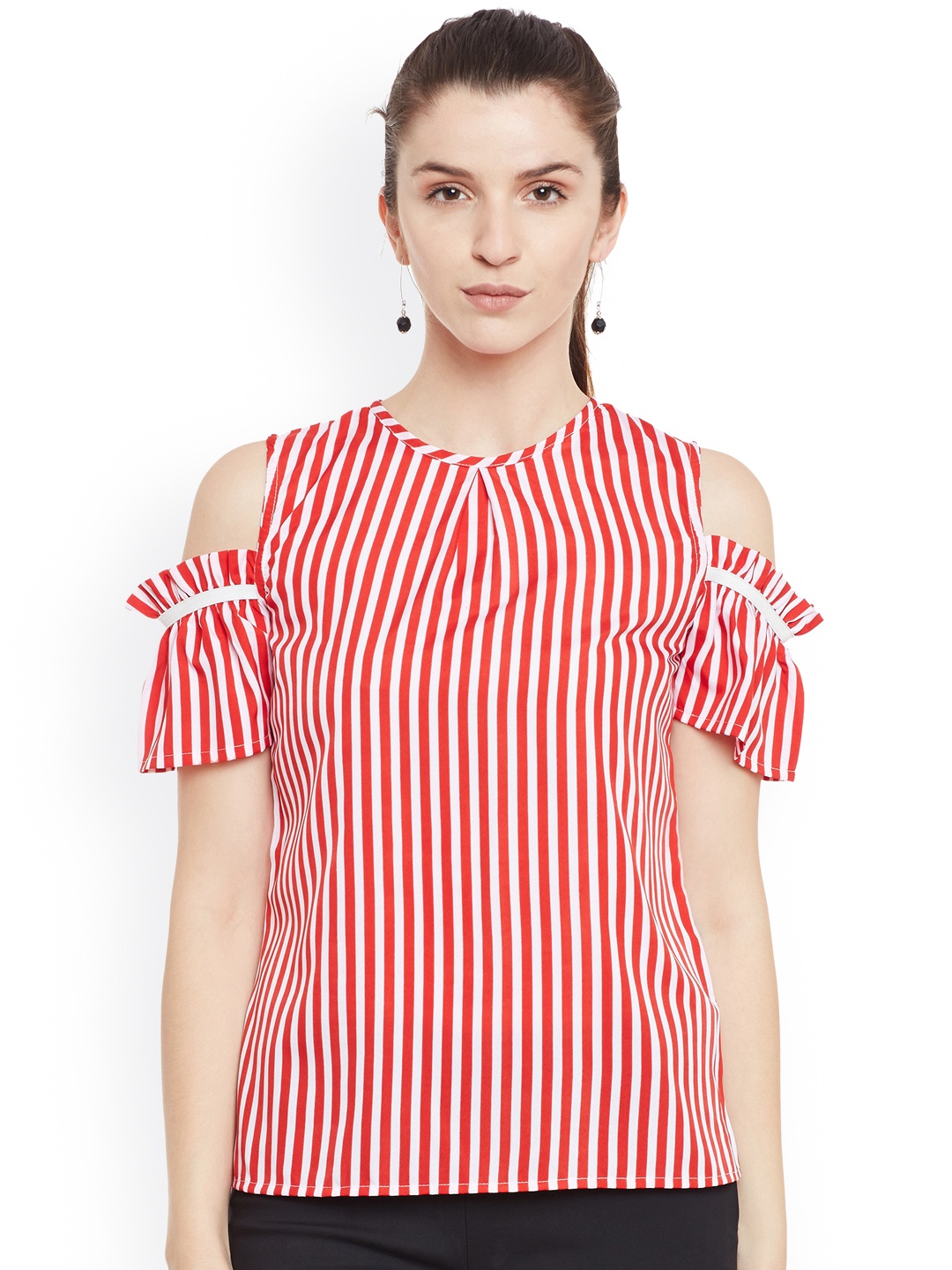 

Belle Fille Women Red & White Striped Cold-Shoulder Top